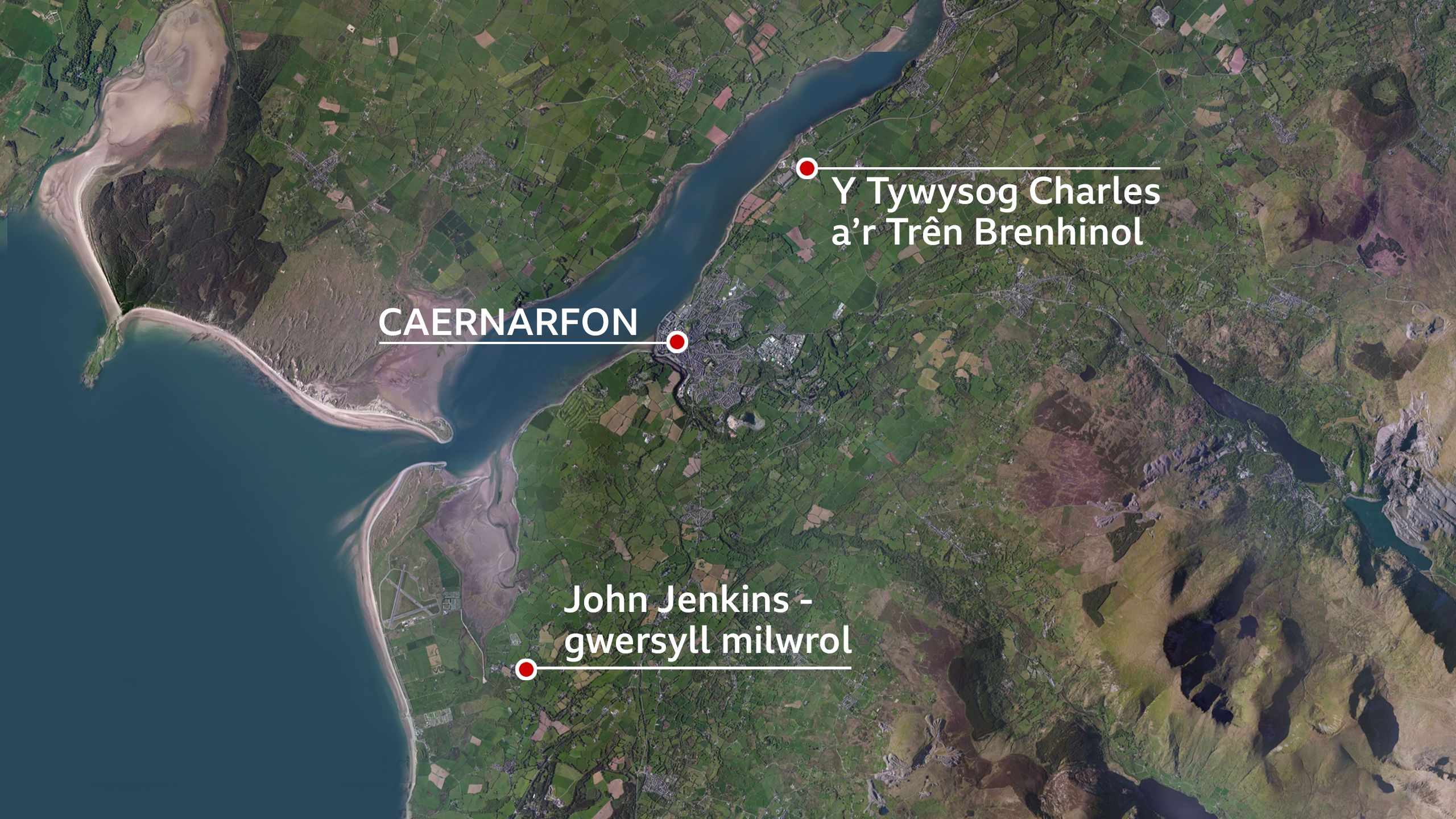 Map yn dangos lleoliad Caernarfon, y trên brehninol a'r gwersyll milwrol dros dro tu allan i Gaernarfon.