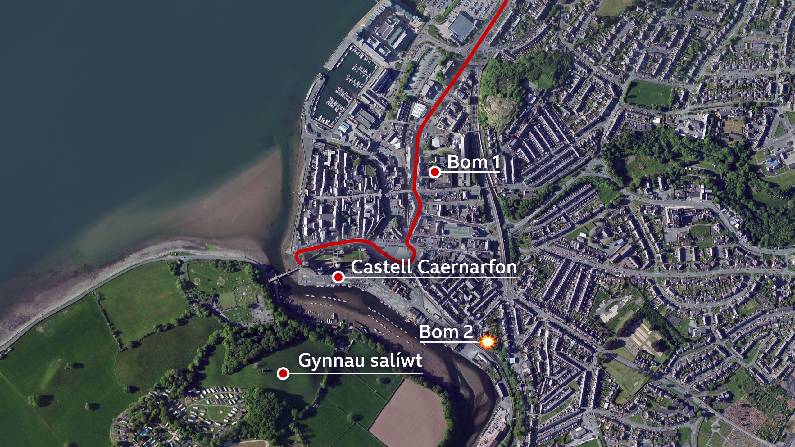 Map yn dangos lleoliad y bomiau a llwybr y prosesiwn