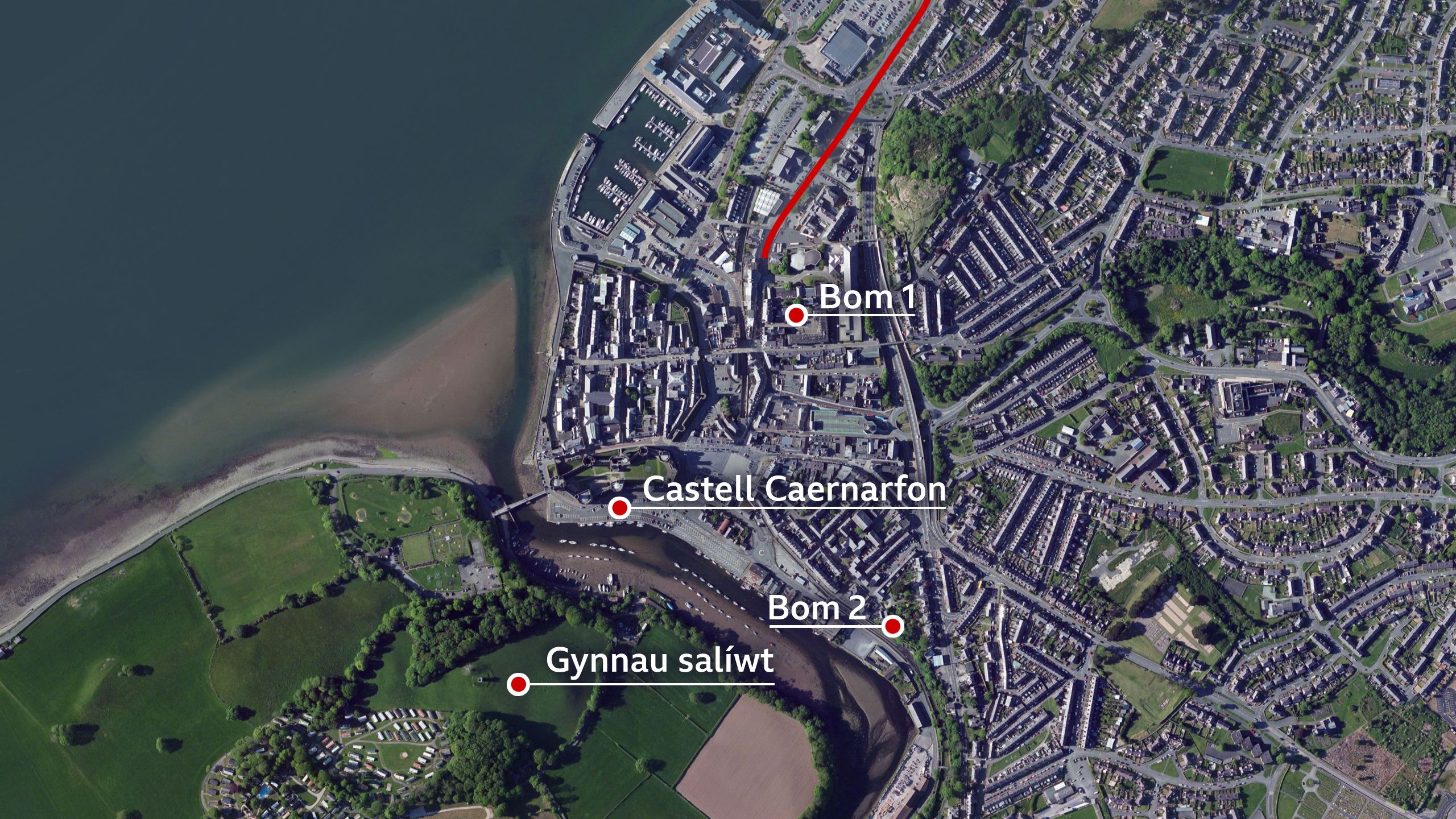 Map yn dangos lleoliad y bomiau a llwybr y prosesiwn