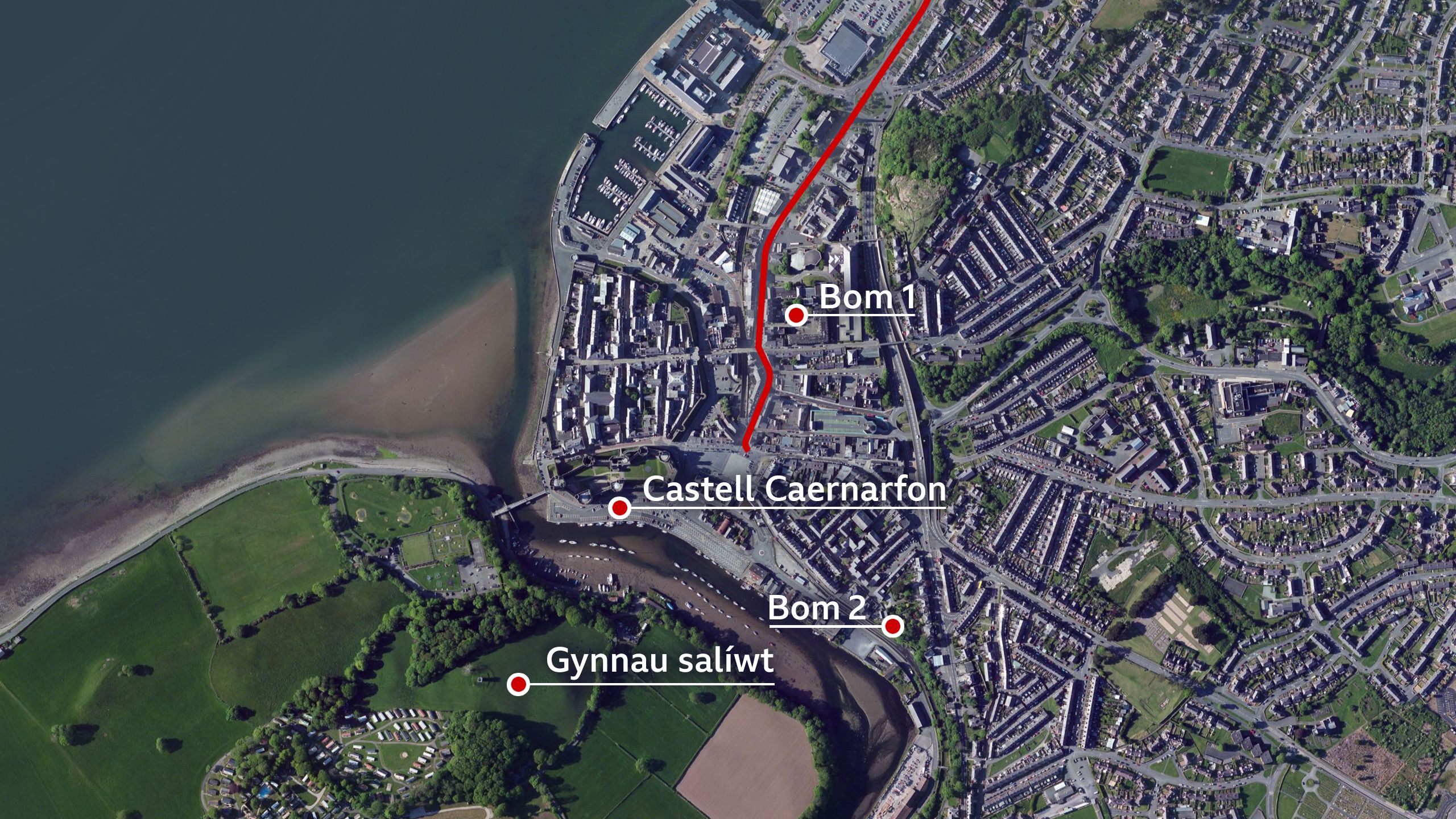 Map yn dangos lleoliad y bomiau a llwybr y prosesiwn