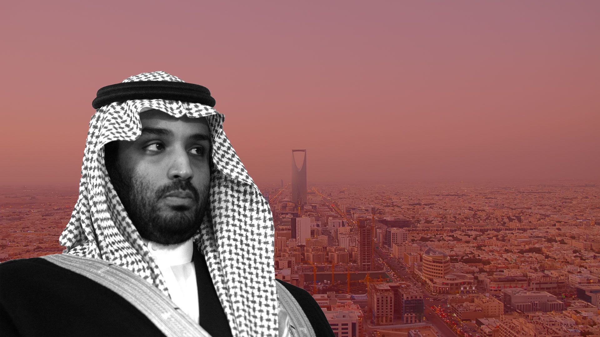 Mohammed Bin Salman over a filtered photo of Riyadh