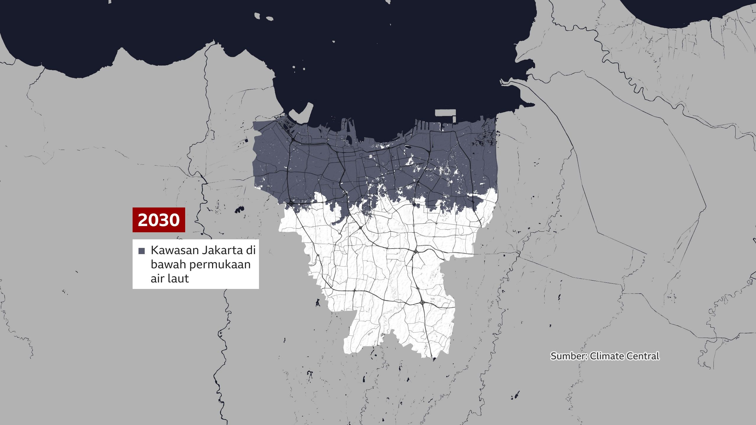 Kawasan Jakarta di bawah permukaan air laut pada tahun 2030