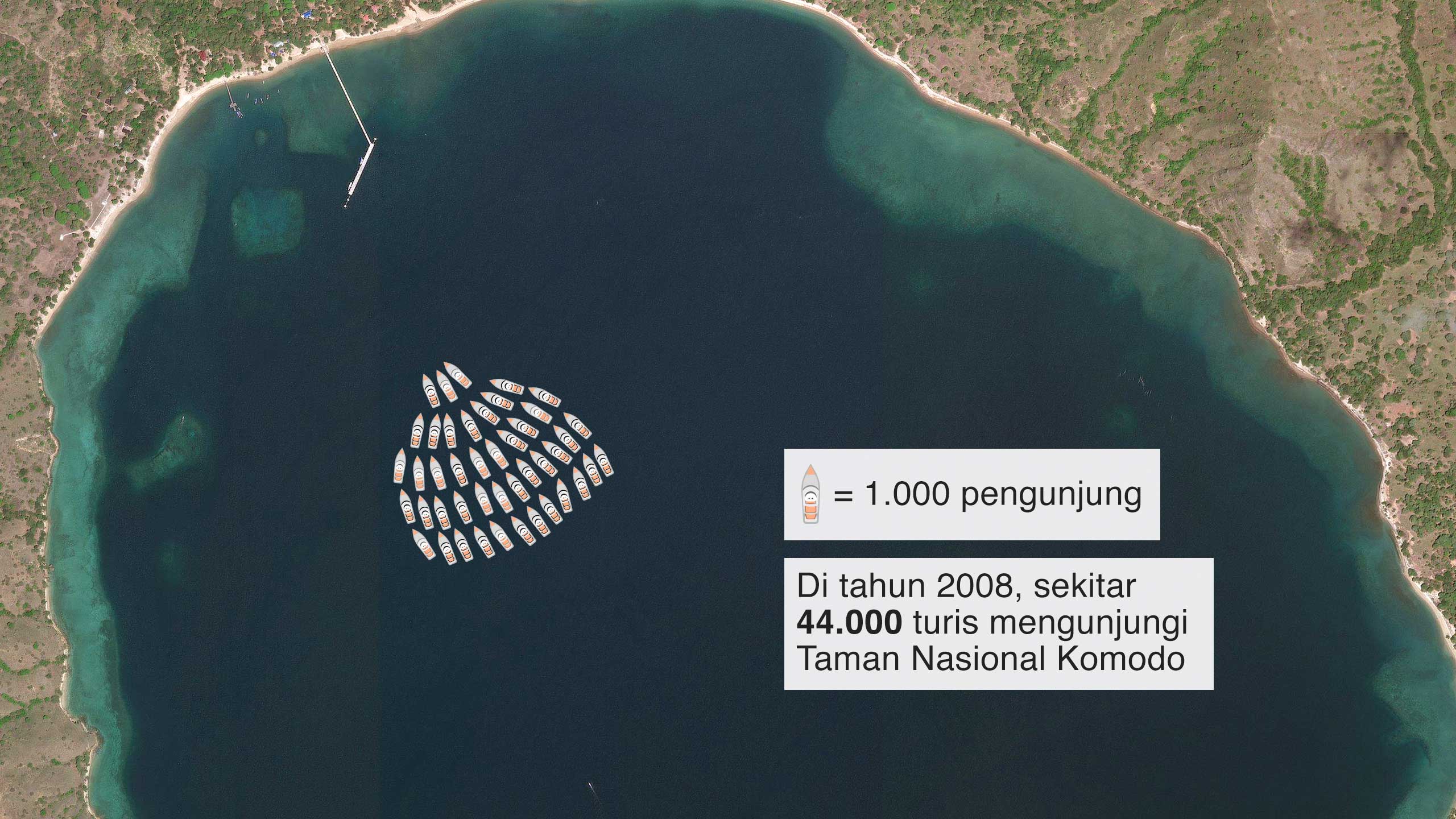 Grafik dengan tulisan "Di tahun 2008, sekitar 44.000 turis mengunjungi Taman Nasional Komodo"