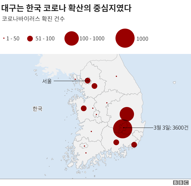 Bubble map displaying Daegu as the epicentre of the outbreak in South Korea