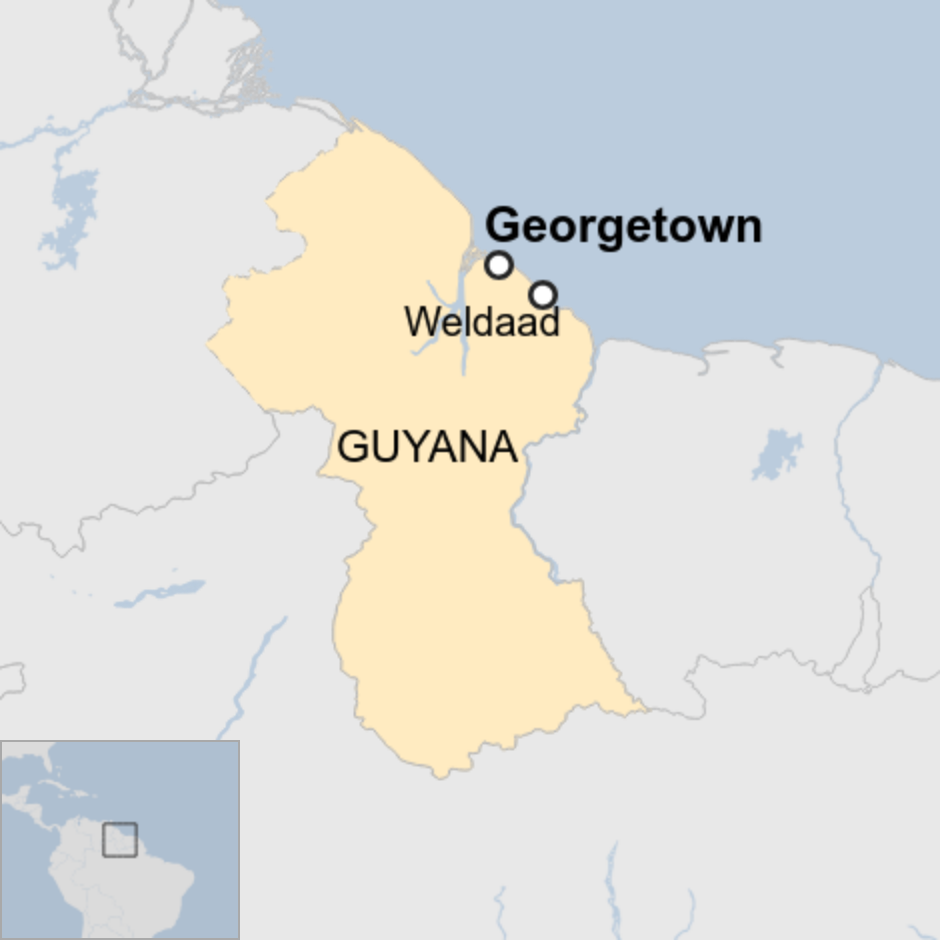 Map of Guyana showing Georgetown and Weldaad