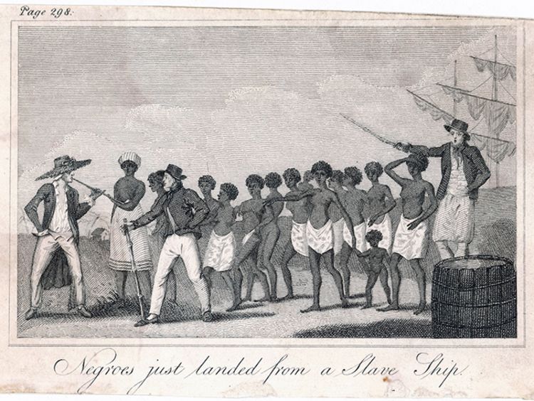 An 18th Century illustration of slaves arriving in Latin America