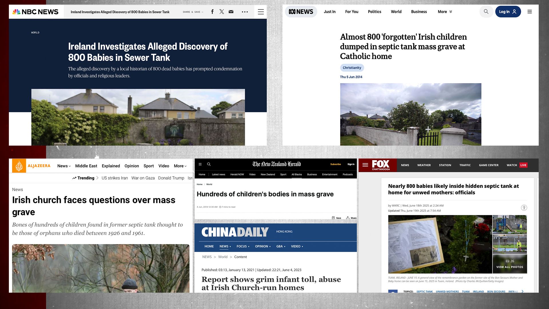 Screenshots of various news articles from around the world covering the story of the home.