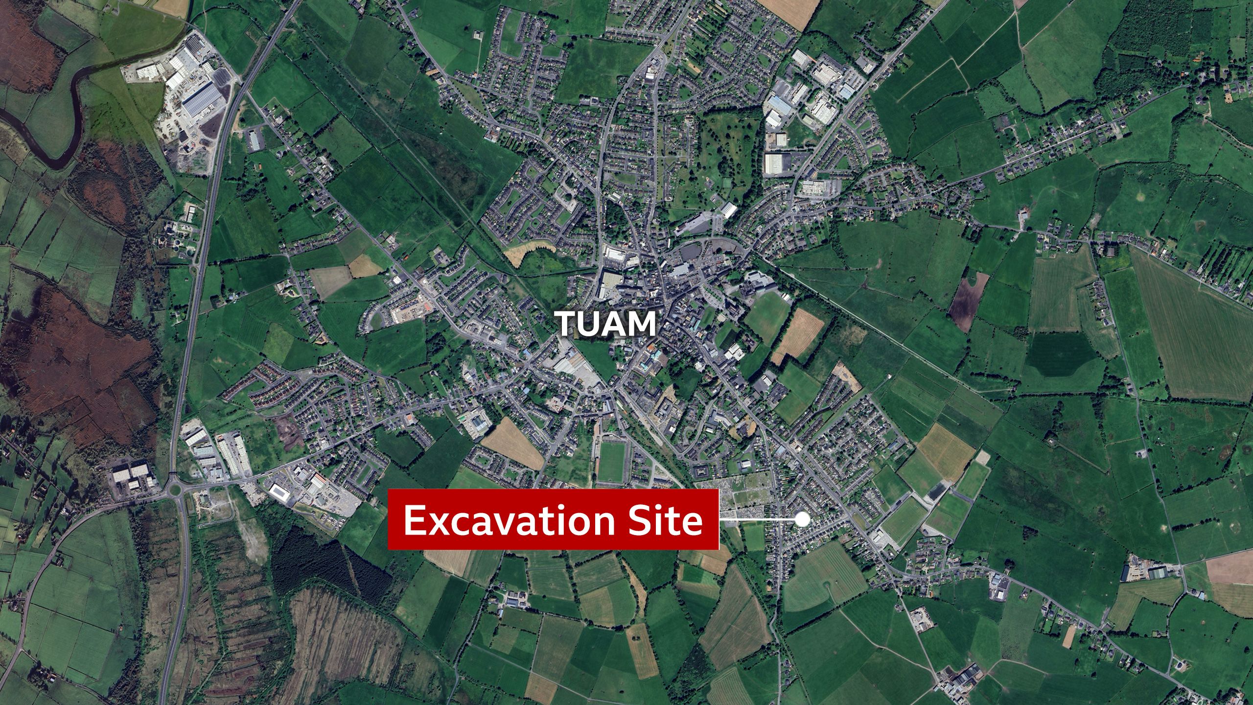 Map showing the town of Tuam and the site of the excavation.