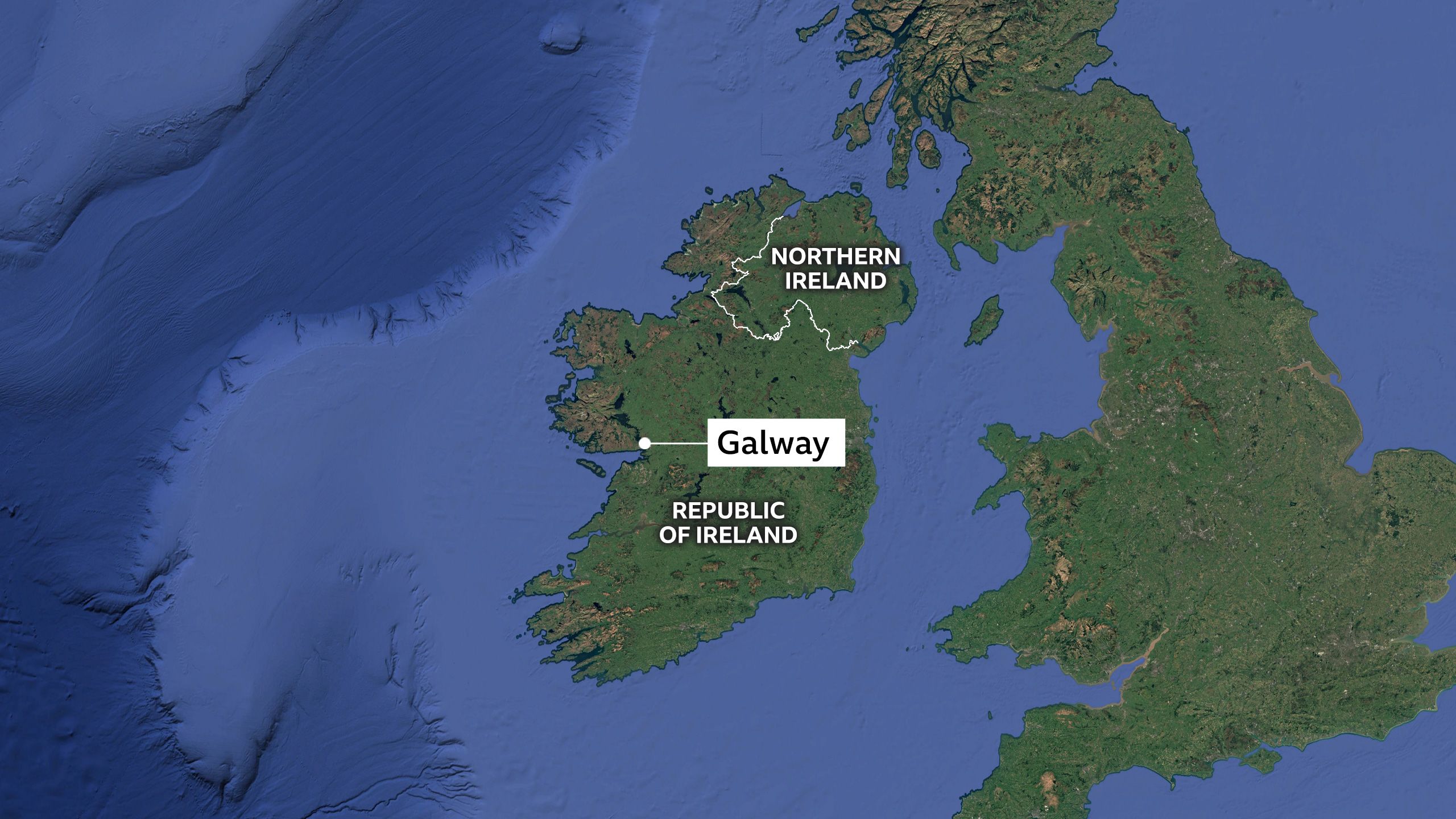 Map showing Northern Ireland, the Republic of Ireland and the city of Galway on the west coast.