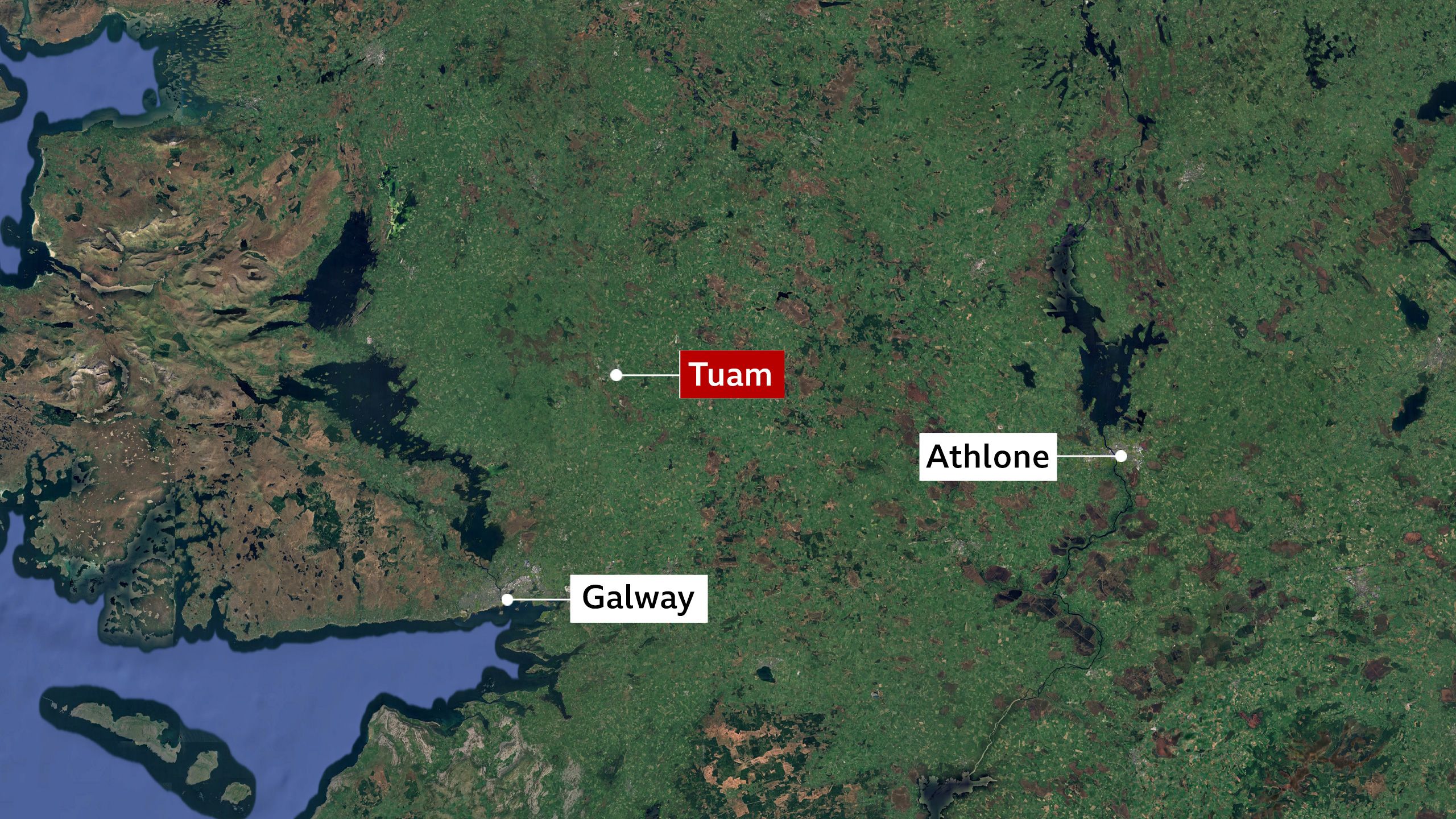 Map showing Galway city and the town of Tuam.