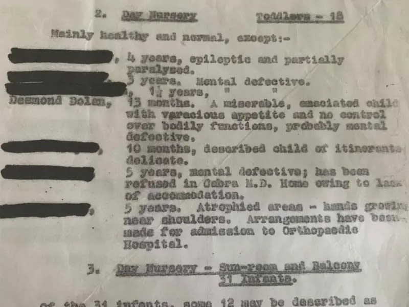 An inspection report showing the details of Desmond Dolan.  It shows a number of toddlers but highlighted is Desmond Dolan.  He was 13 months and is described as 'a miserable emasciated child with voracious appetite and no control over bodily functions, probably mental defective.