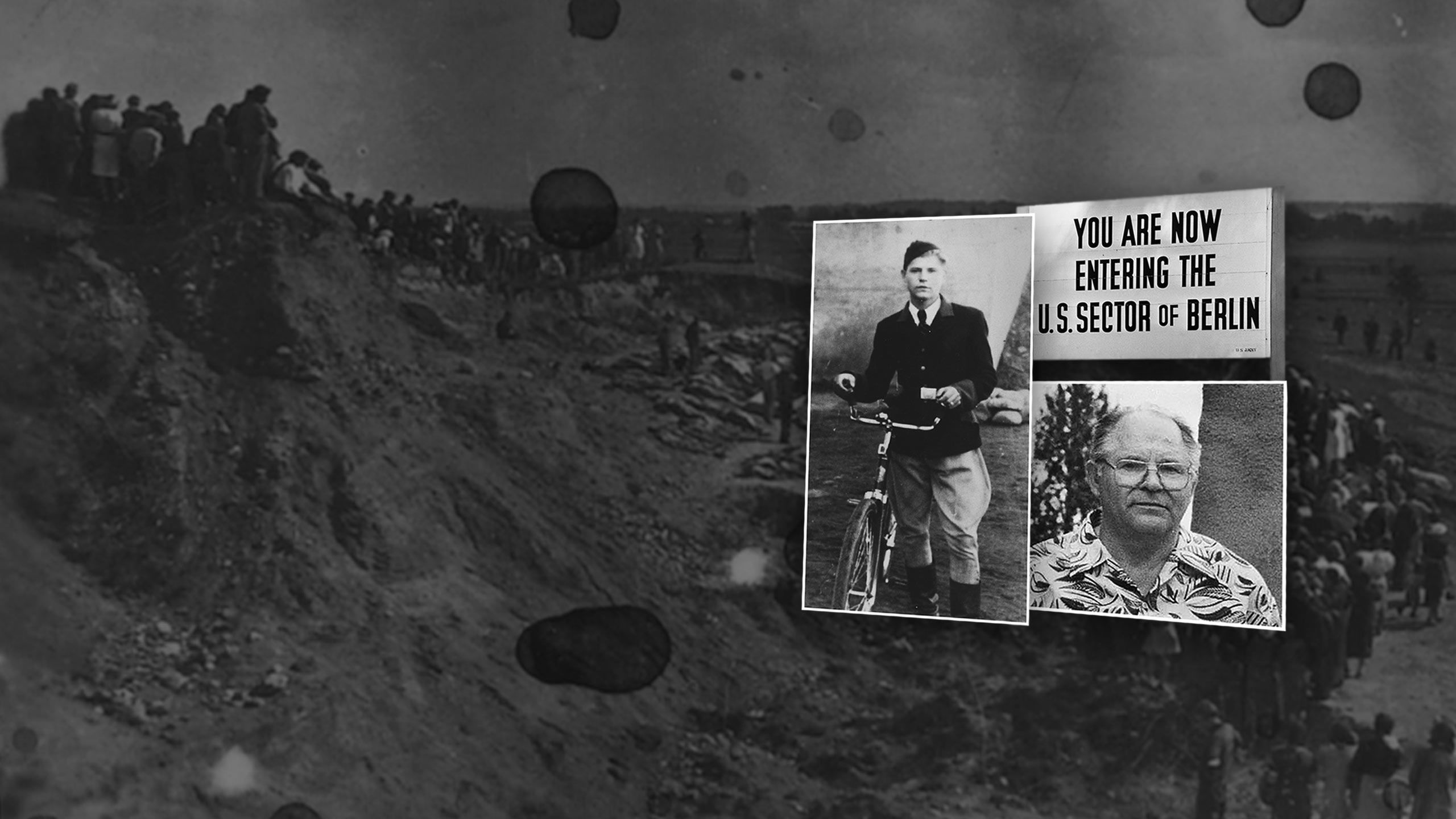 Montage of Slonim in WW2, Stanislaw "Stan" Chrzanowski, and sign saying "You are now entering the US Section of Berlin"