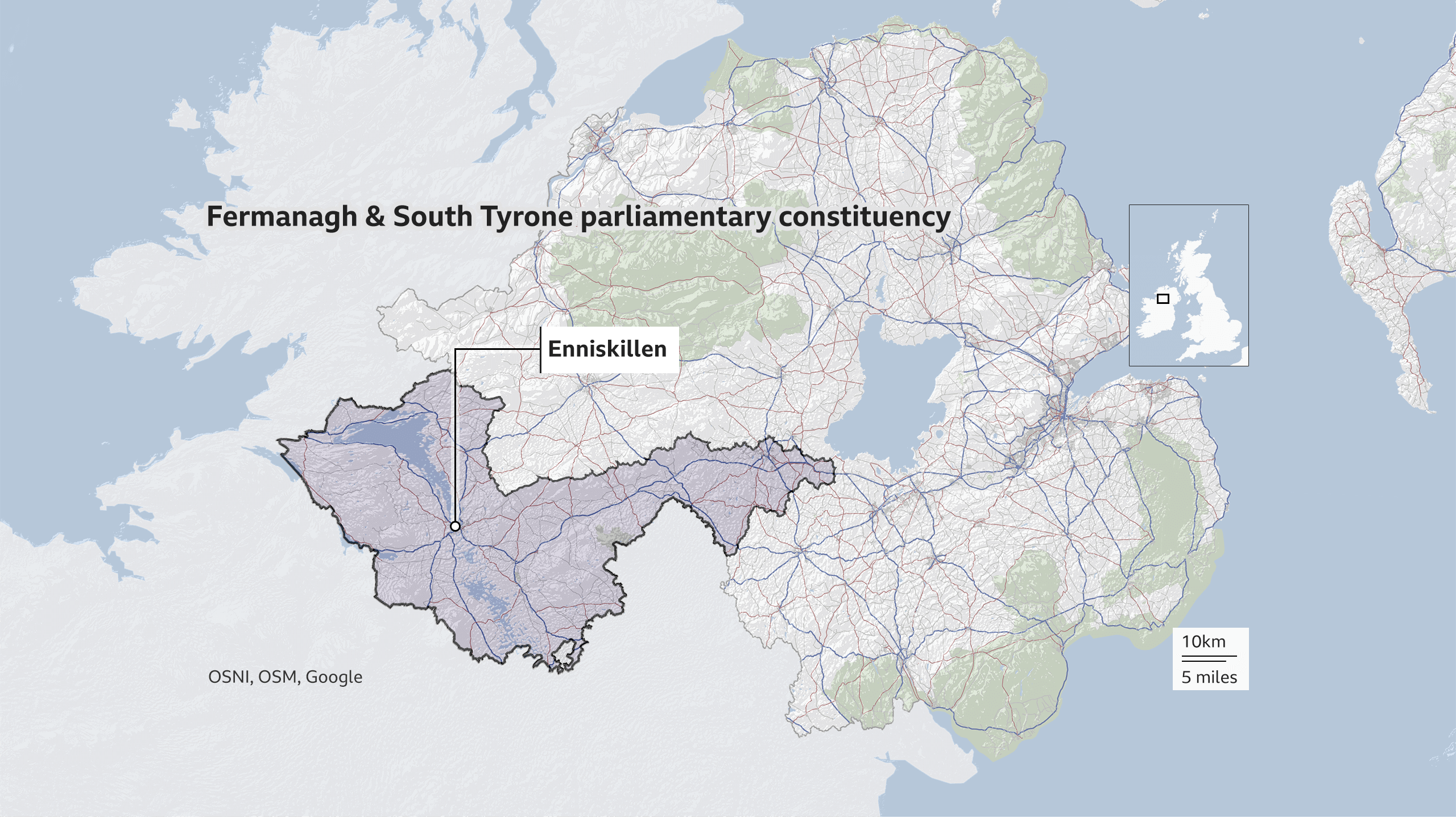 Map showing the Fermanagh and South Tyrone parliamentary constituency - with Enniskillen marked