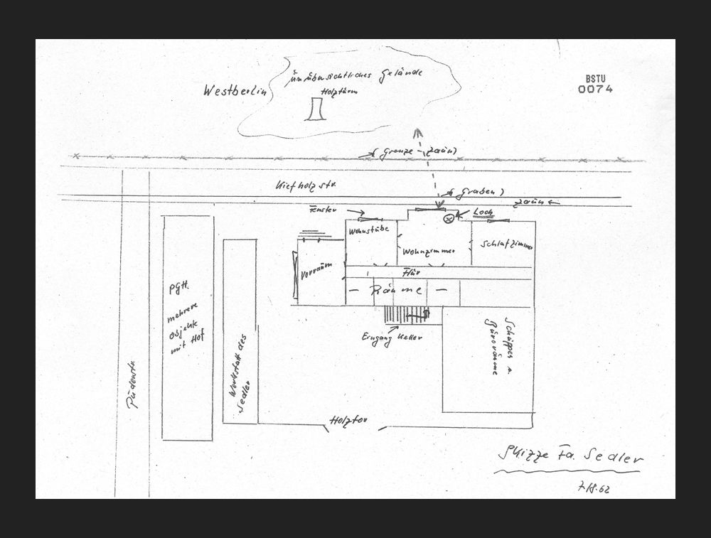 Sketch of the house and surrounding area involving the first (infiltrated) tunnel  