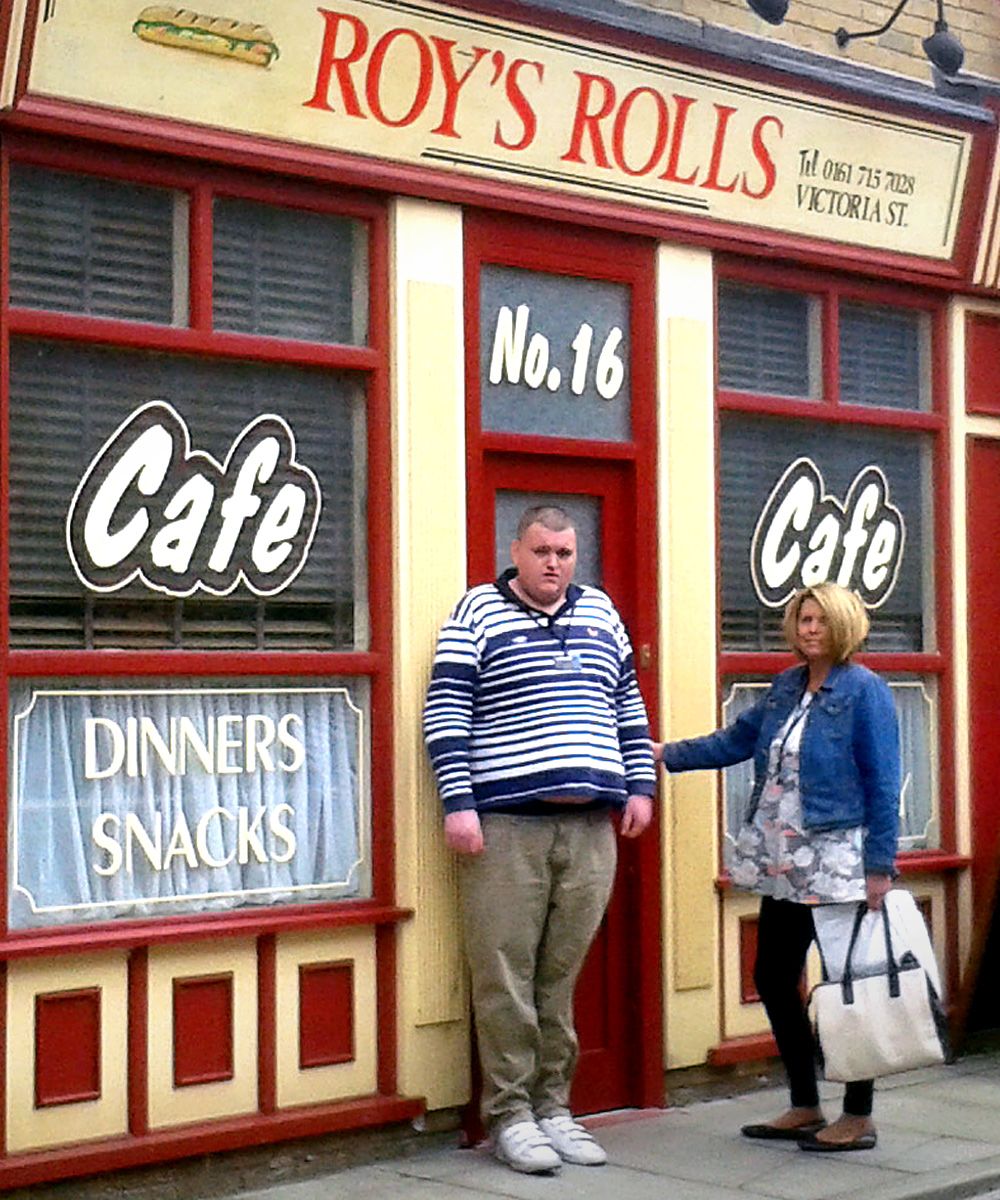 Mark and his mother on the set of Coronation Street