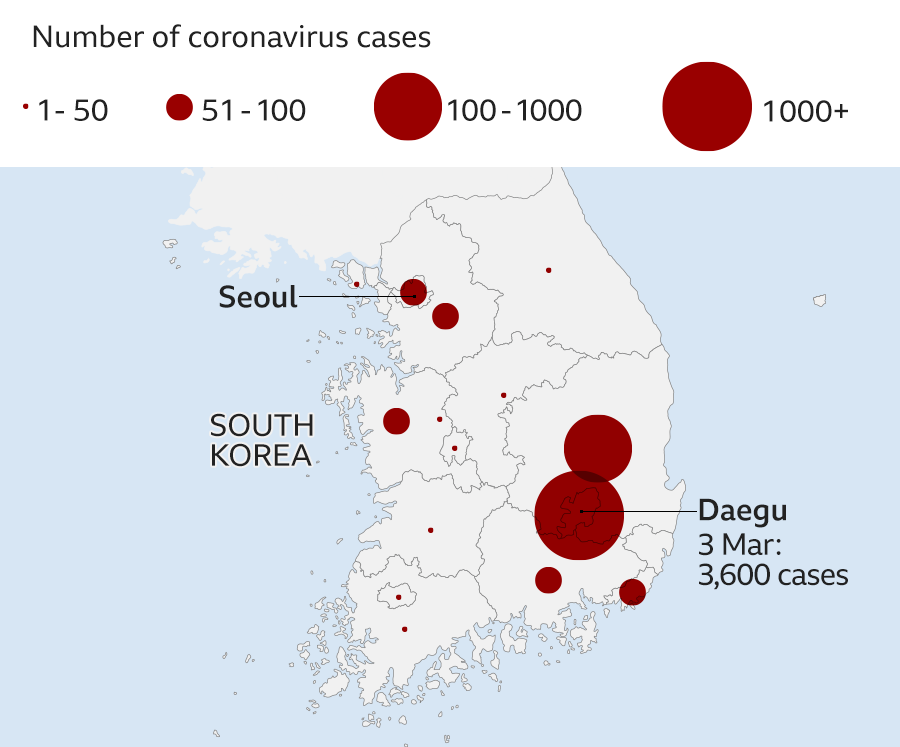 Bubble map displaying Daegu as the epicentre of the outbreak in South Korea