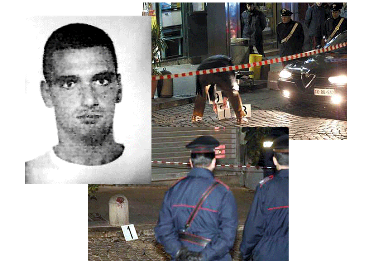 Graziano Borelli (l) and a scene from a murder during the inter-clan war