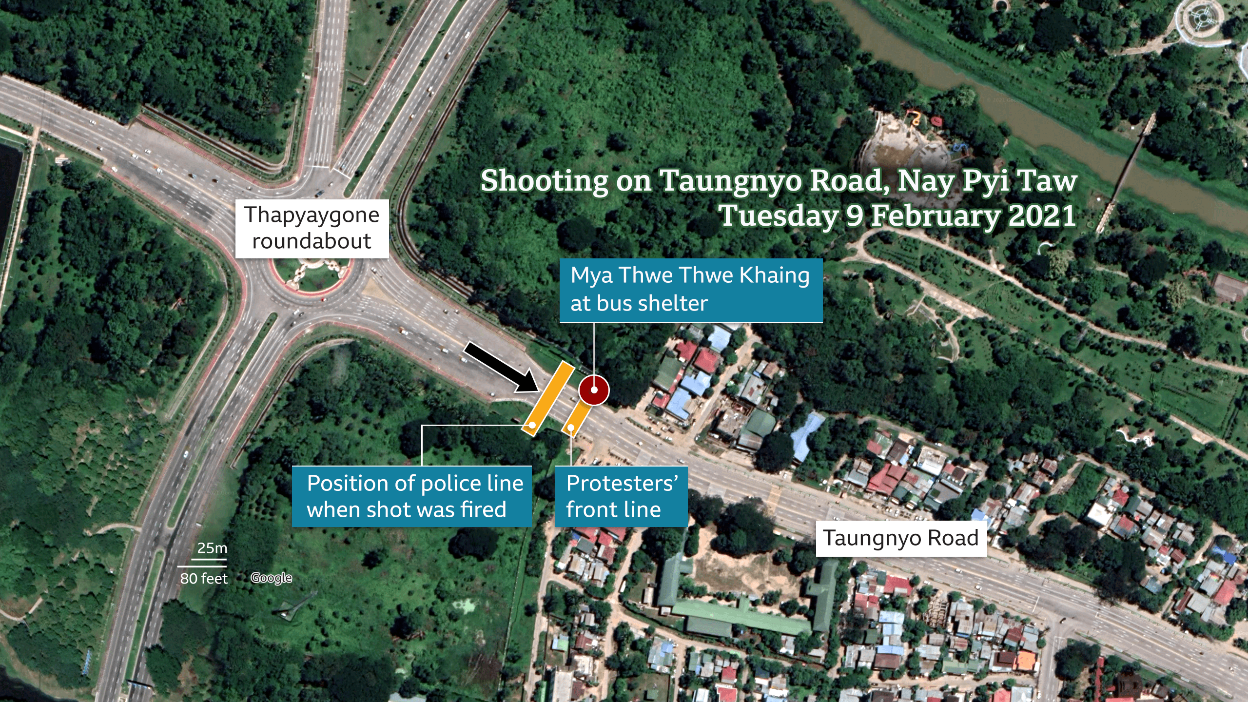 Police advanced south-east towards the protesters and the bus shelter where Mya Thwe Thwe Khaing was standing