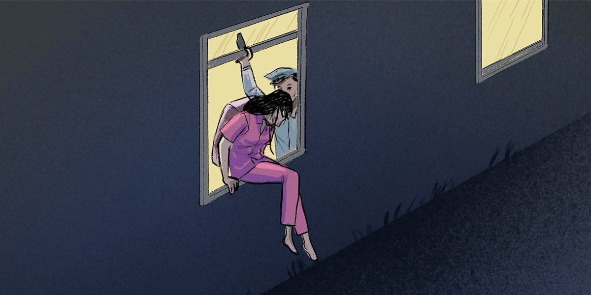 Woman escaping through a window with her guard
