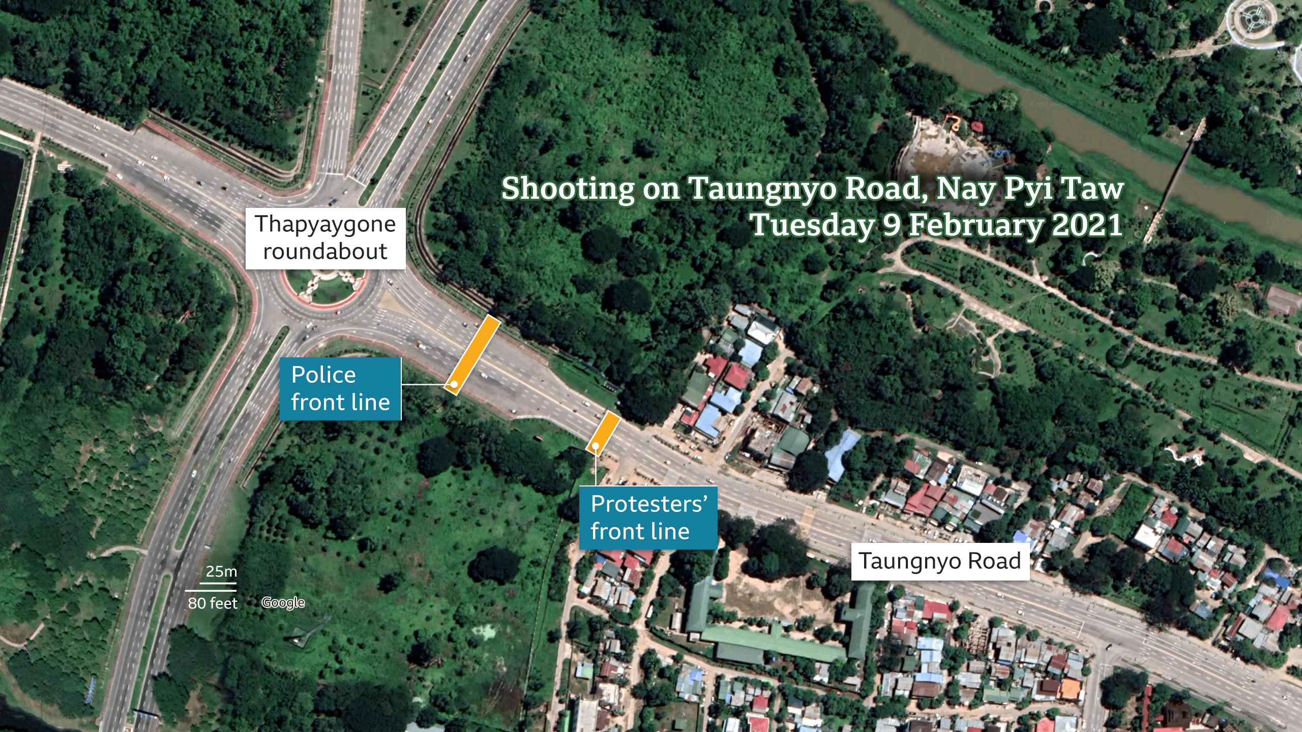 The police front line was a few hundred metres from the protesters