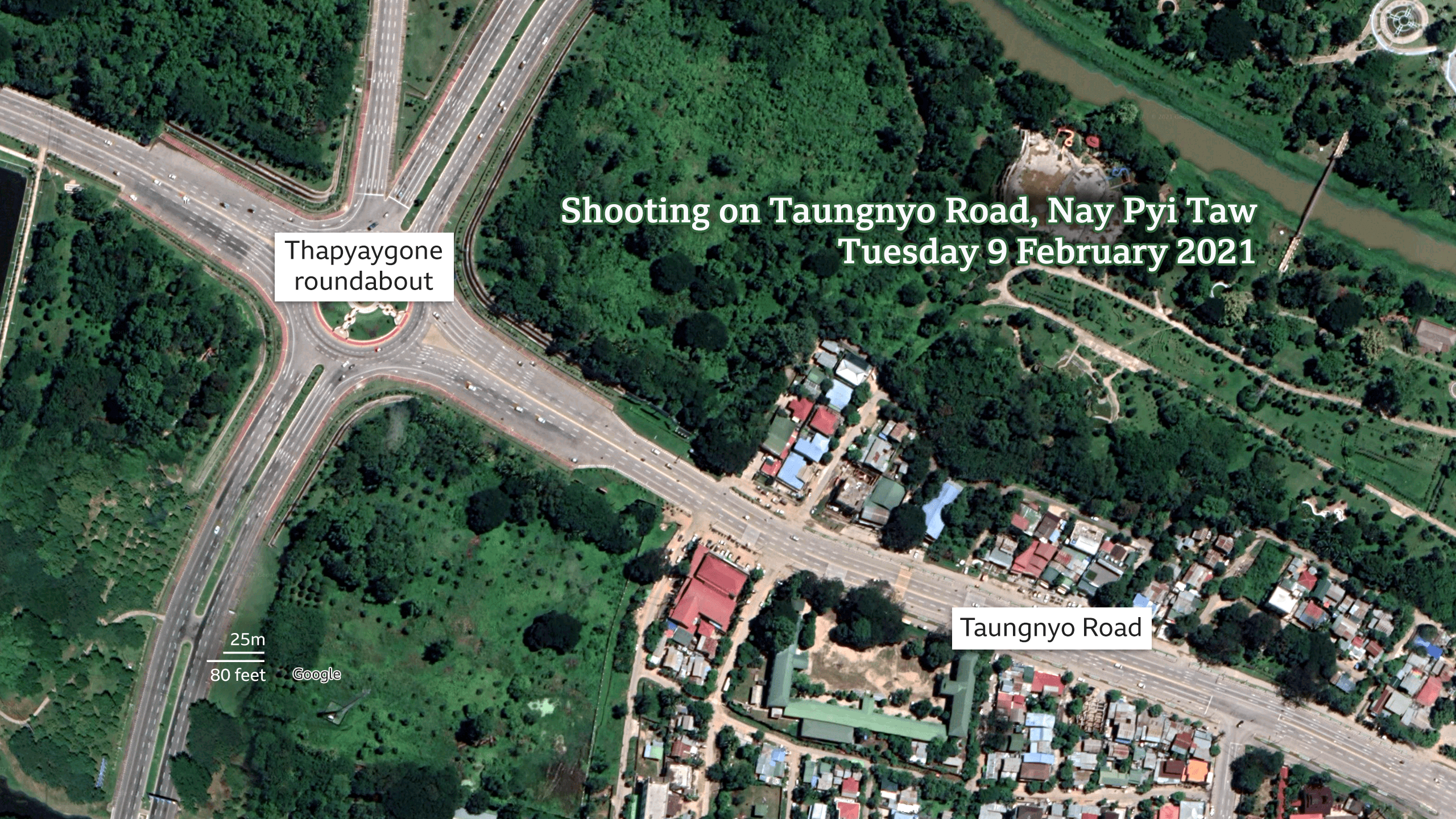 Aerial view of where police and protesters clashed