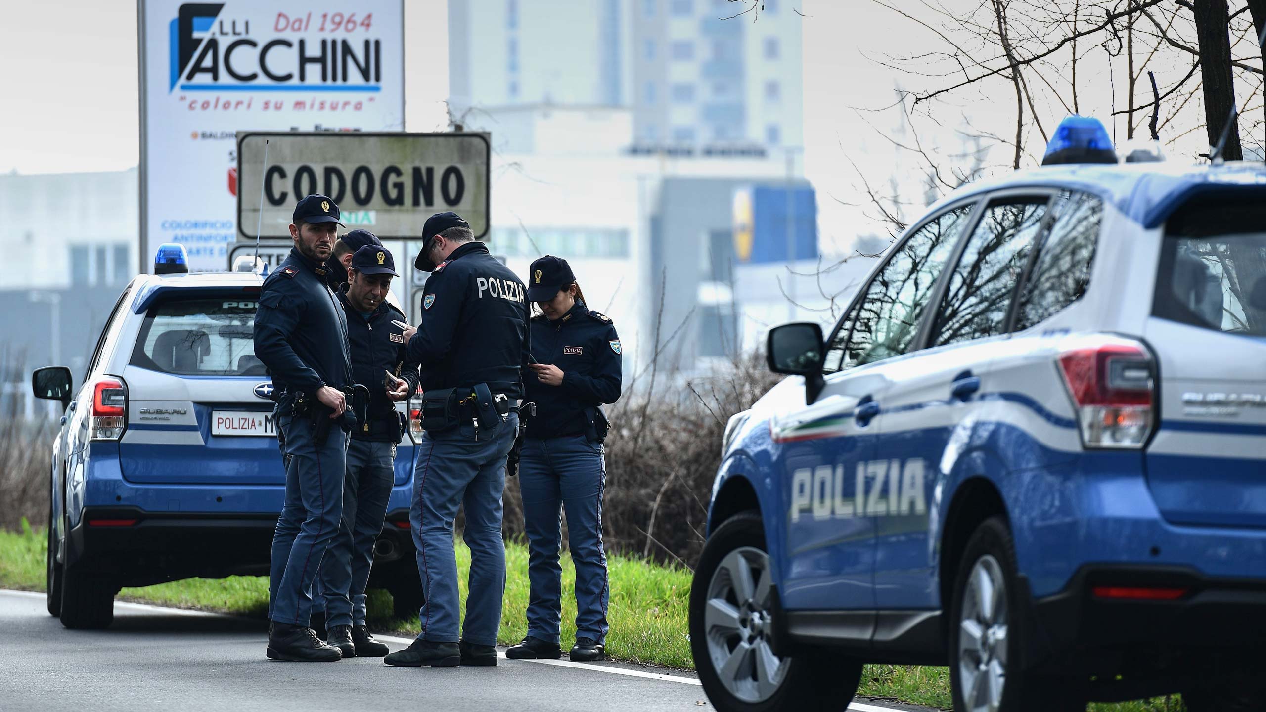 Police officers on the edge of Codogno, Italy