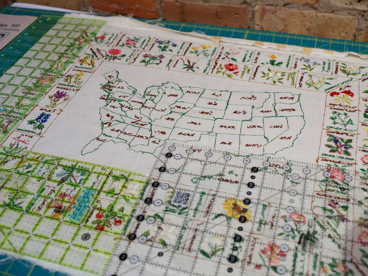 The centre of the new quilt - Rita's original tapestry - laid face down