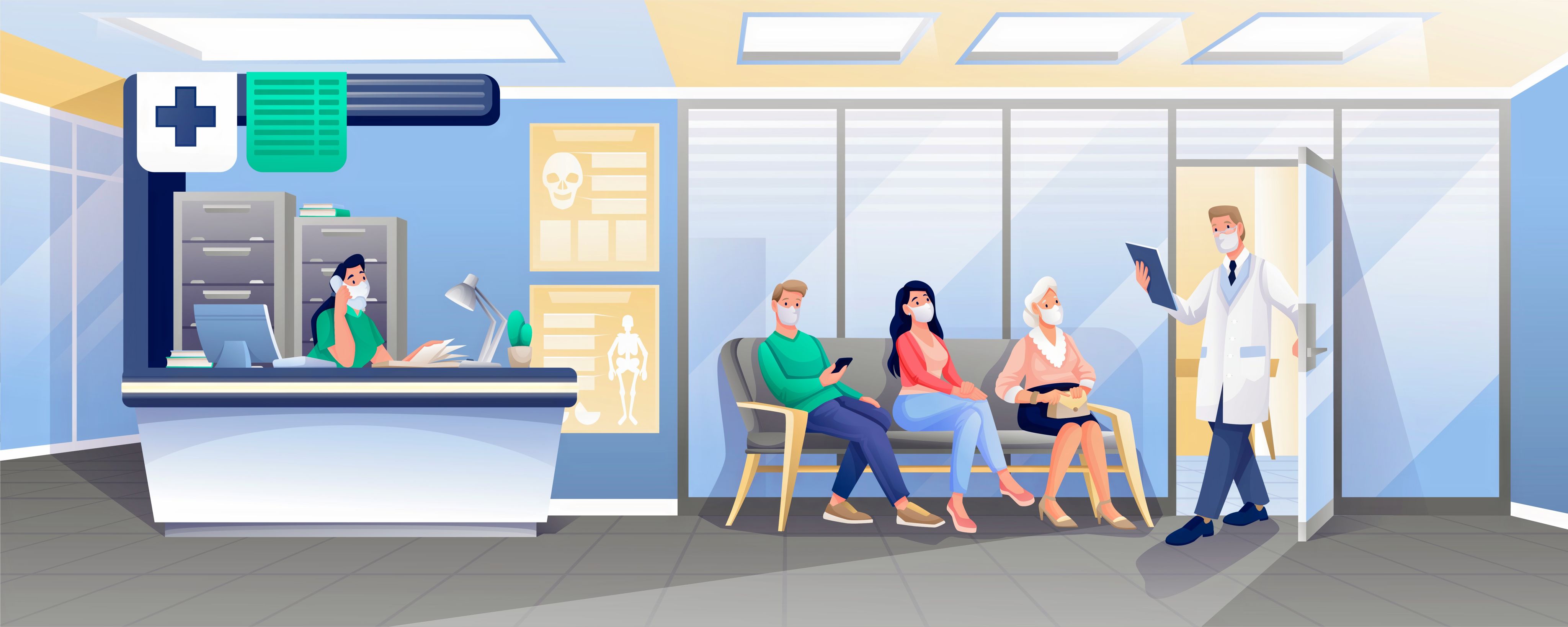 An illustration of a waiting room in a hospital. Three people are sat down and wearing face masks. A doctor is standing in a doorway holding a clipboard.