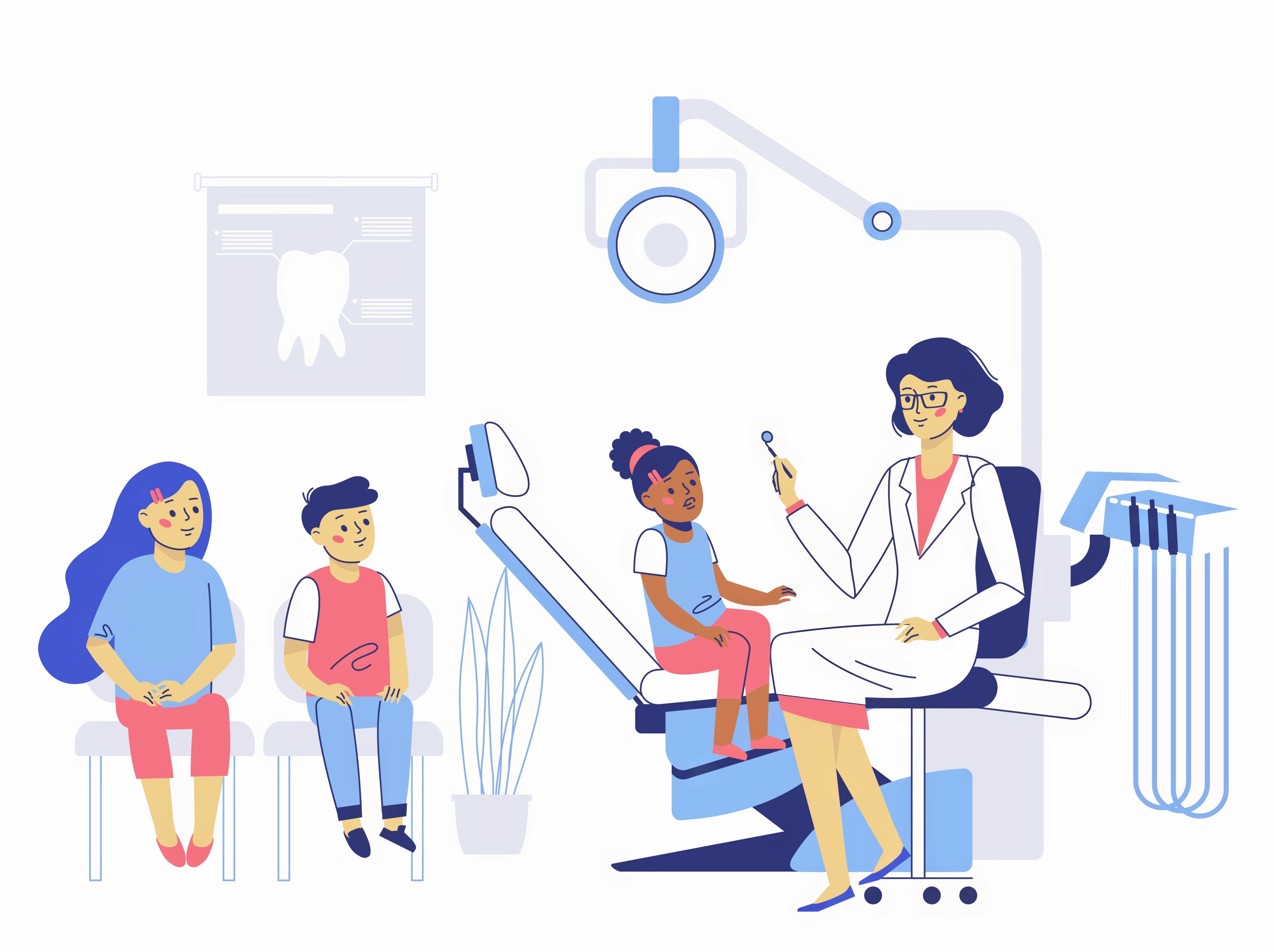 An illustration of a dental practice with a child sitting in a dentist's chair about to be treated by a dentist. Two other children are waiting their turn next to the chair.