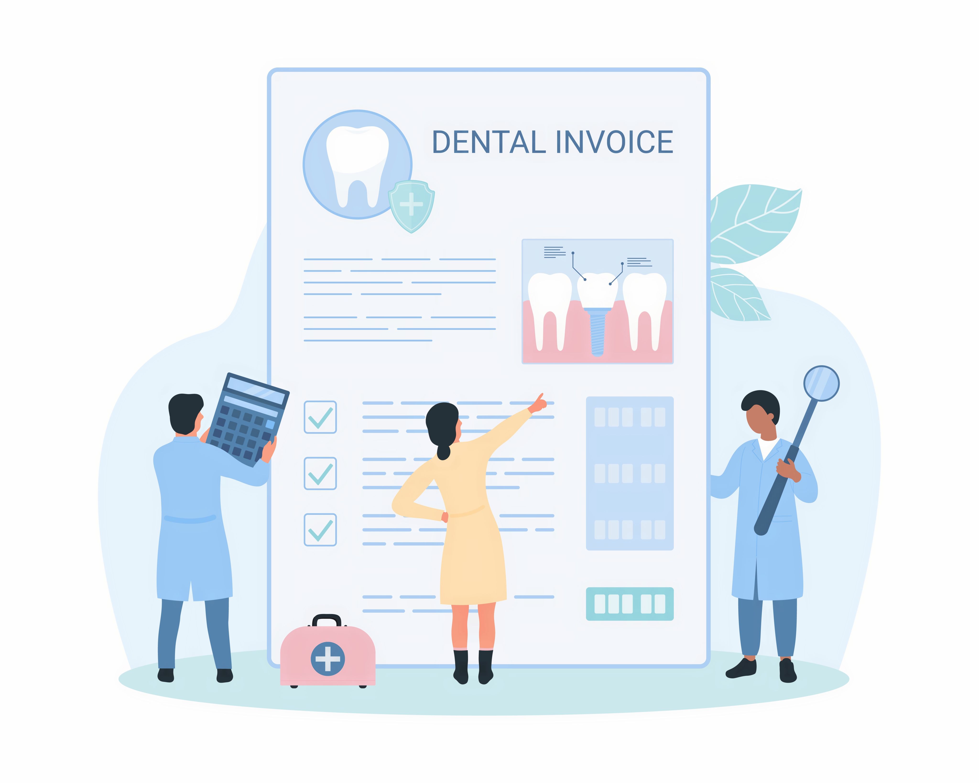 An illustration of three dental staff next to an invoice for dental care. One has a calculator, the other has a magnifying glass. The words Dental invoice are clearly visible.