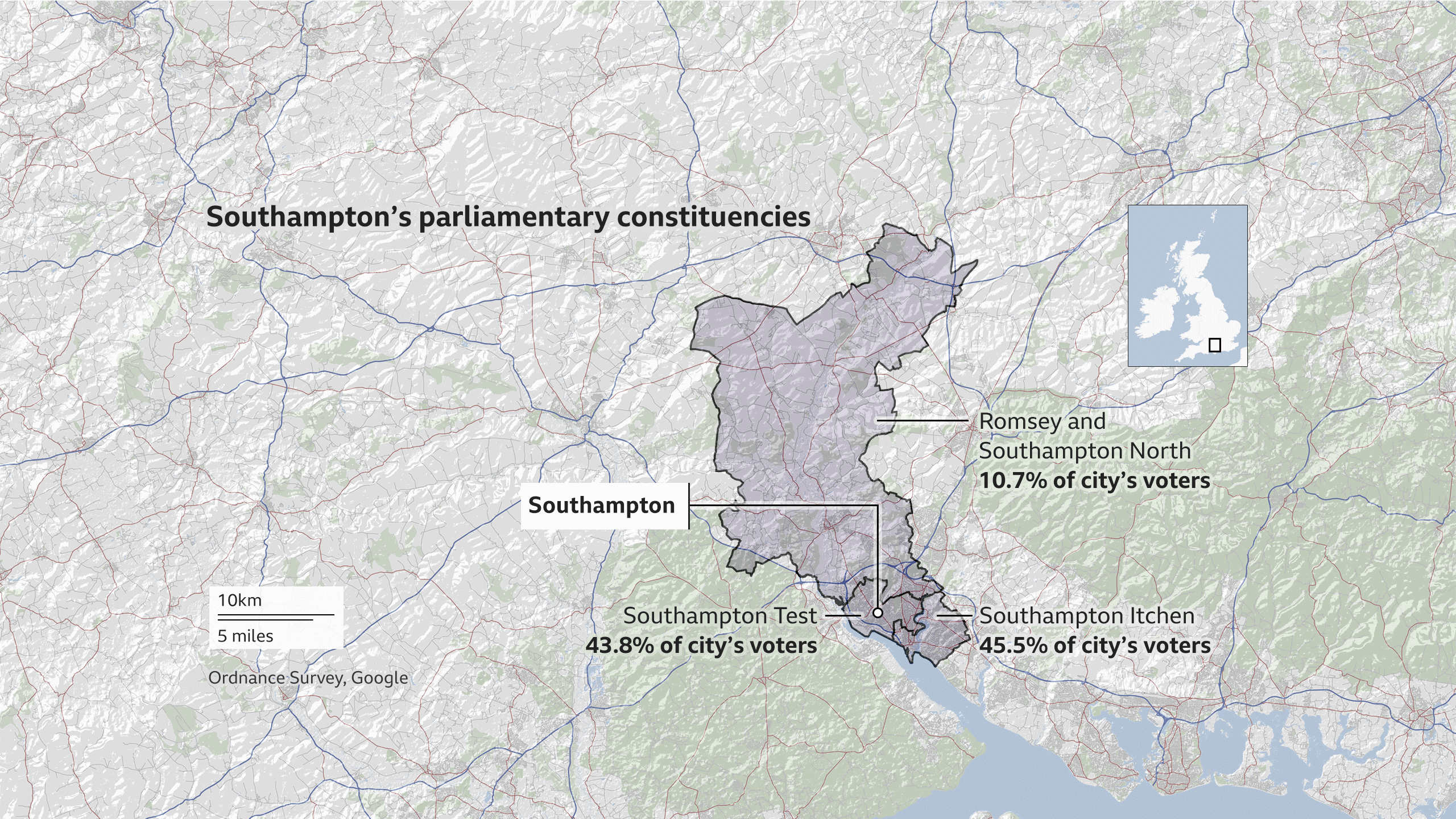 Map of Southampton's parliamentary constituencies - Southampton Itchen (45.5% of the city's voters), Southampton Test (43.8% of the city's voters), Romsey and Southampton North (10.7% of the city's voters)o