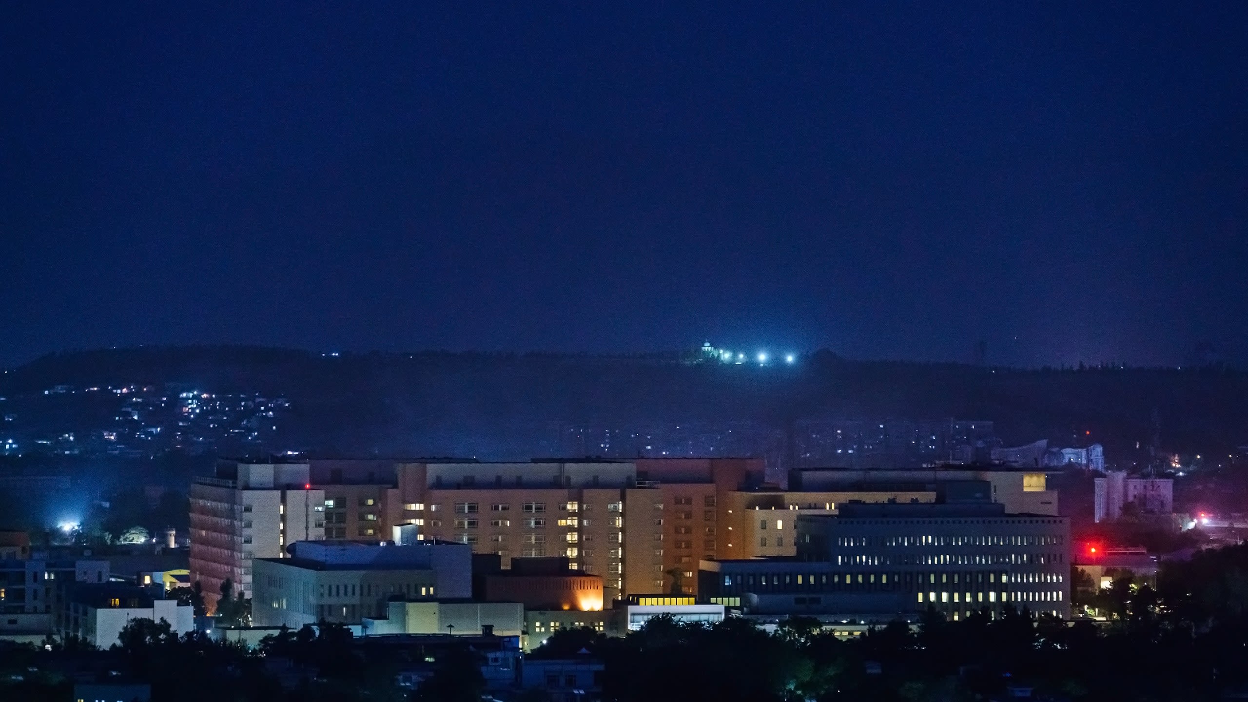 A view of the American embassy in Kabul at night