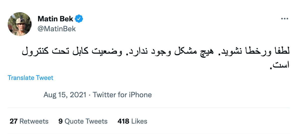 Screengrab of a tweet from Matin Bek, saying things are under control