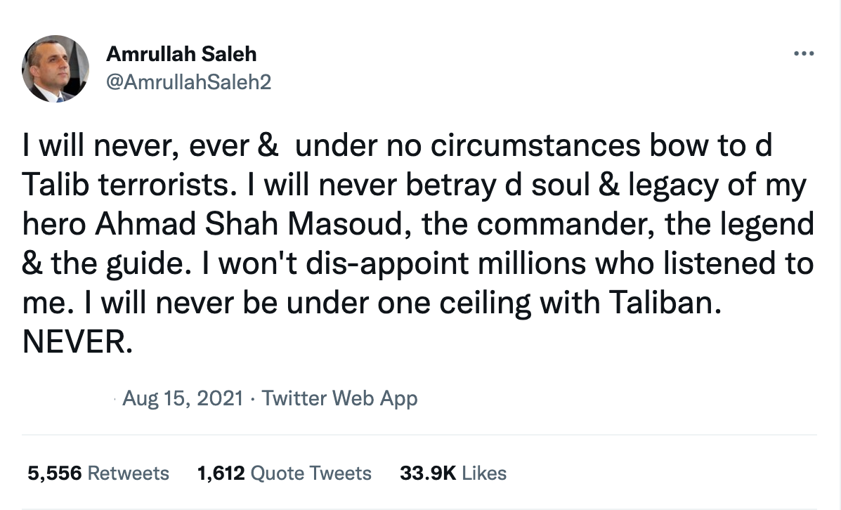 Screengrab of Tweet by Vice President Amrullah Saleh, saying he will not surrender to the Taliban