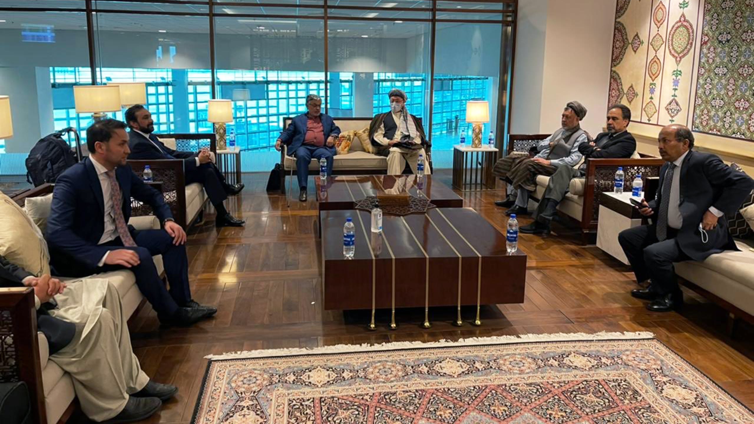 A group of Afghan politicians at the Pakistan embassy in Kabul before flying out to Islamabad, apparently on invitation by the Pakistani government