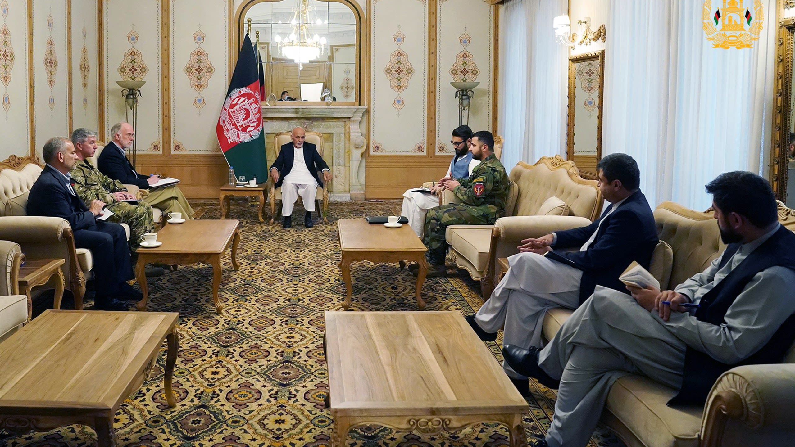 Former President Ashraf Ghani meeting US ambassador Ross Wilson and General Pete Wasley at the Presidential palace, Aug 14 2021