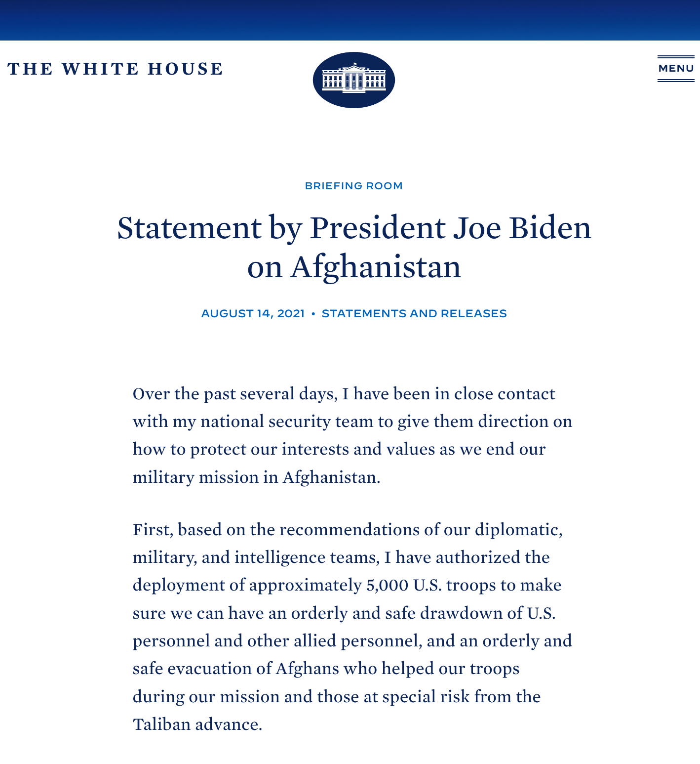 An image of a White House press release, confirming the sending of 5000 troops to help with the evacuation effort
