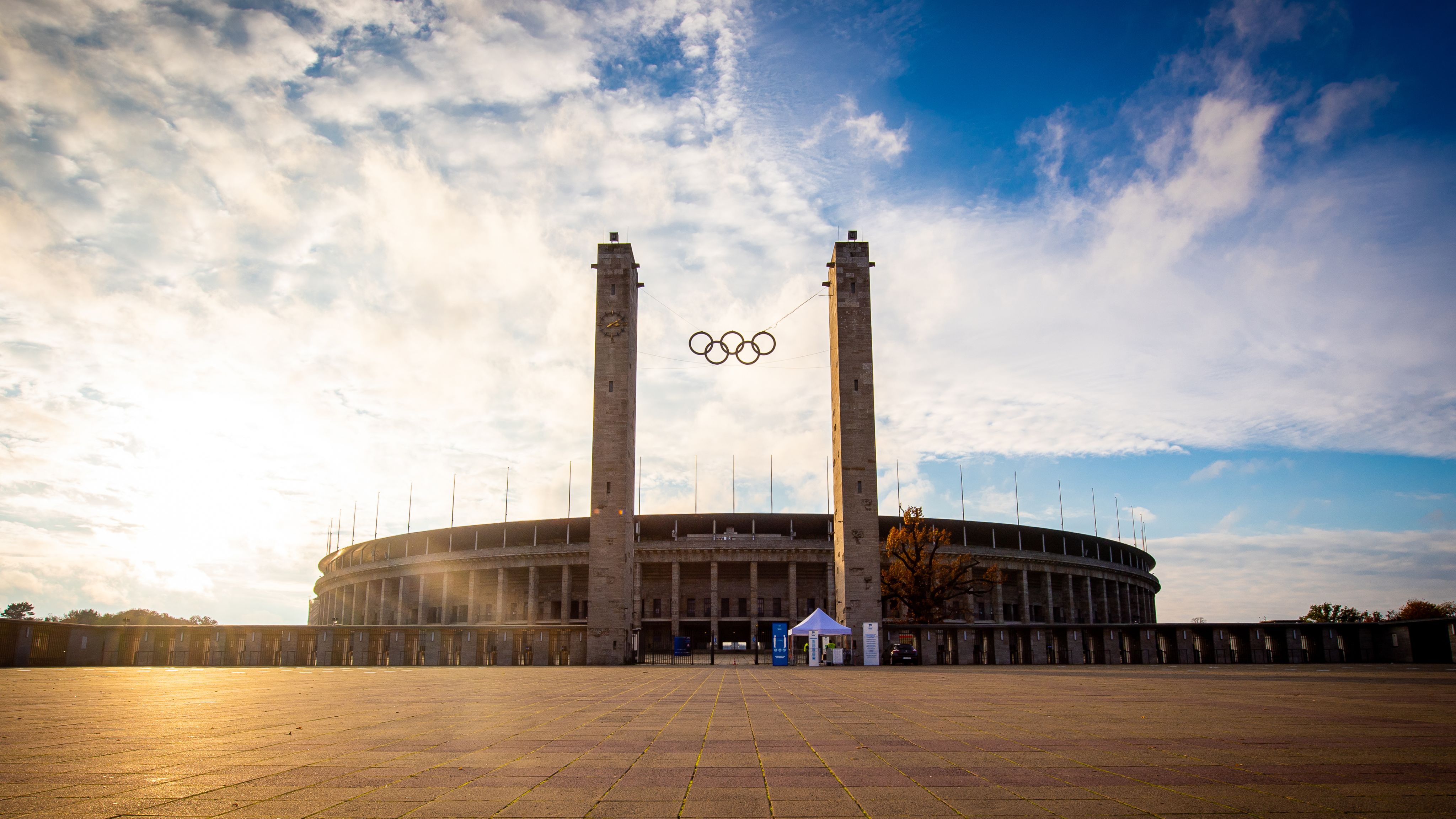 An exterior shot of Olympiastadion Berlin in daylight