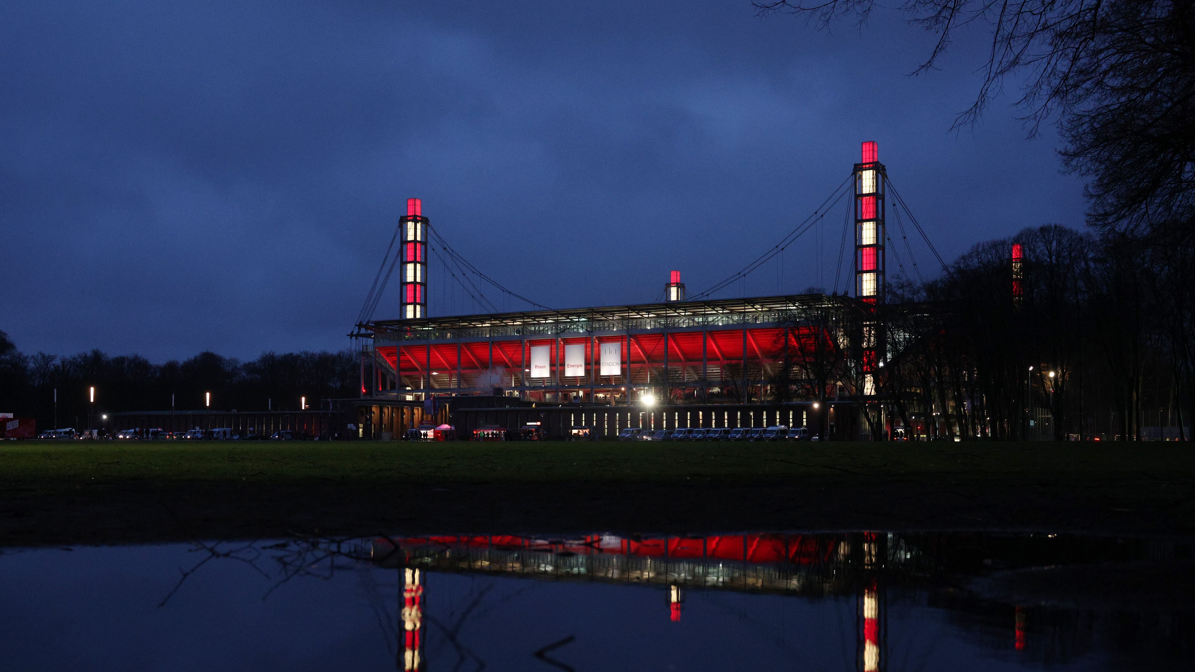 The Cologne Stadium lit up at night
