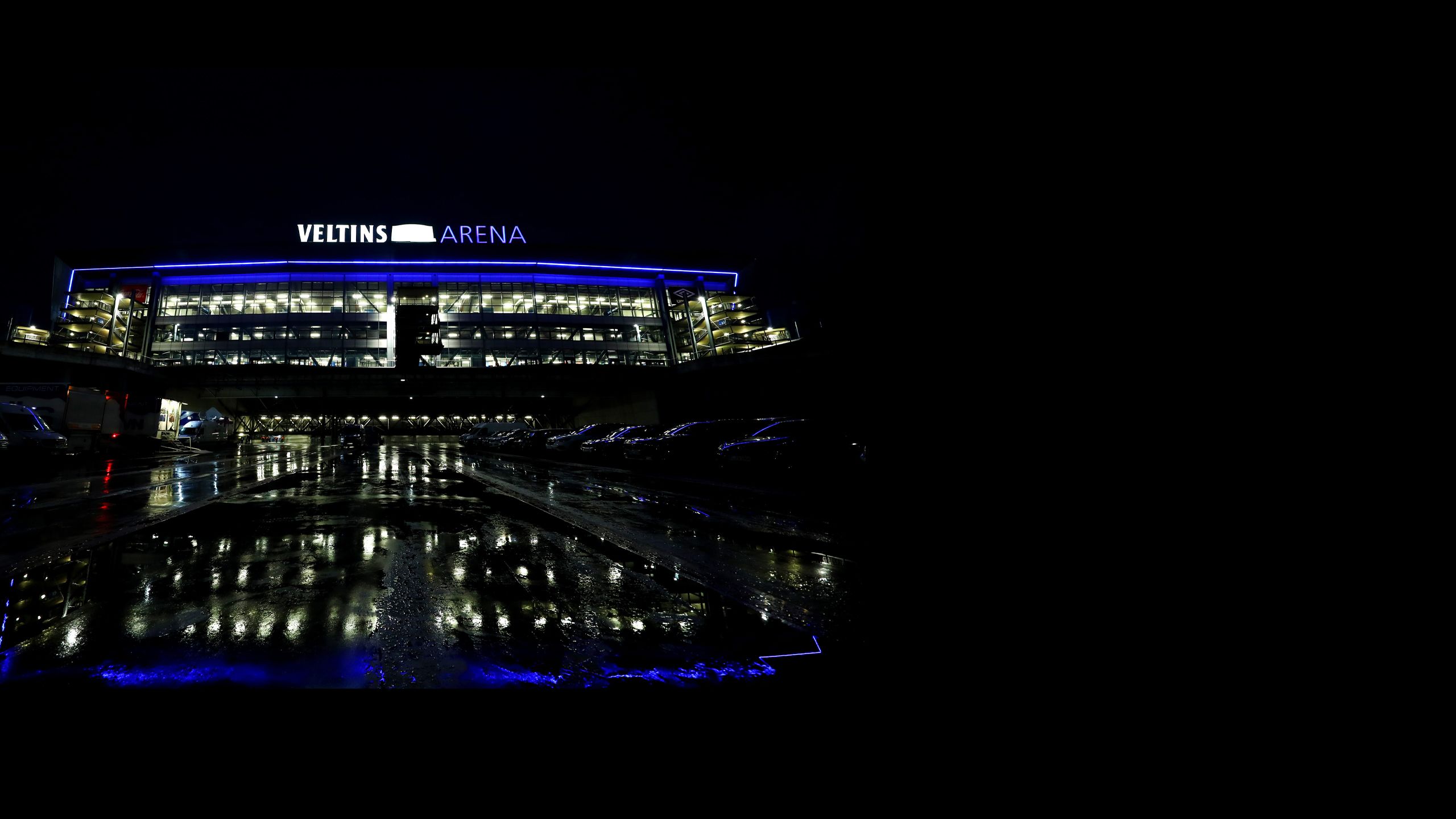 An exterior view of the stadium in Gelsenkirchen at night