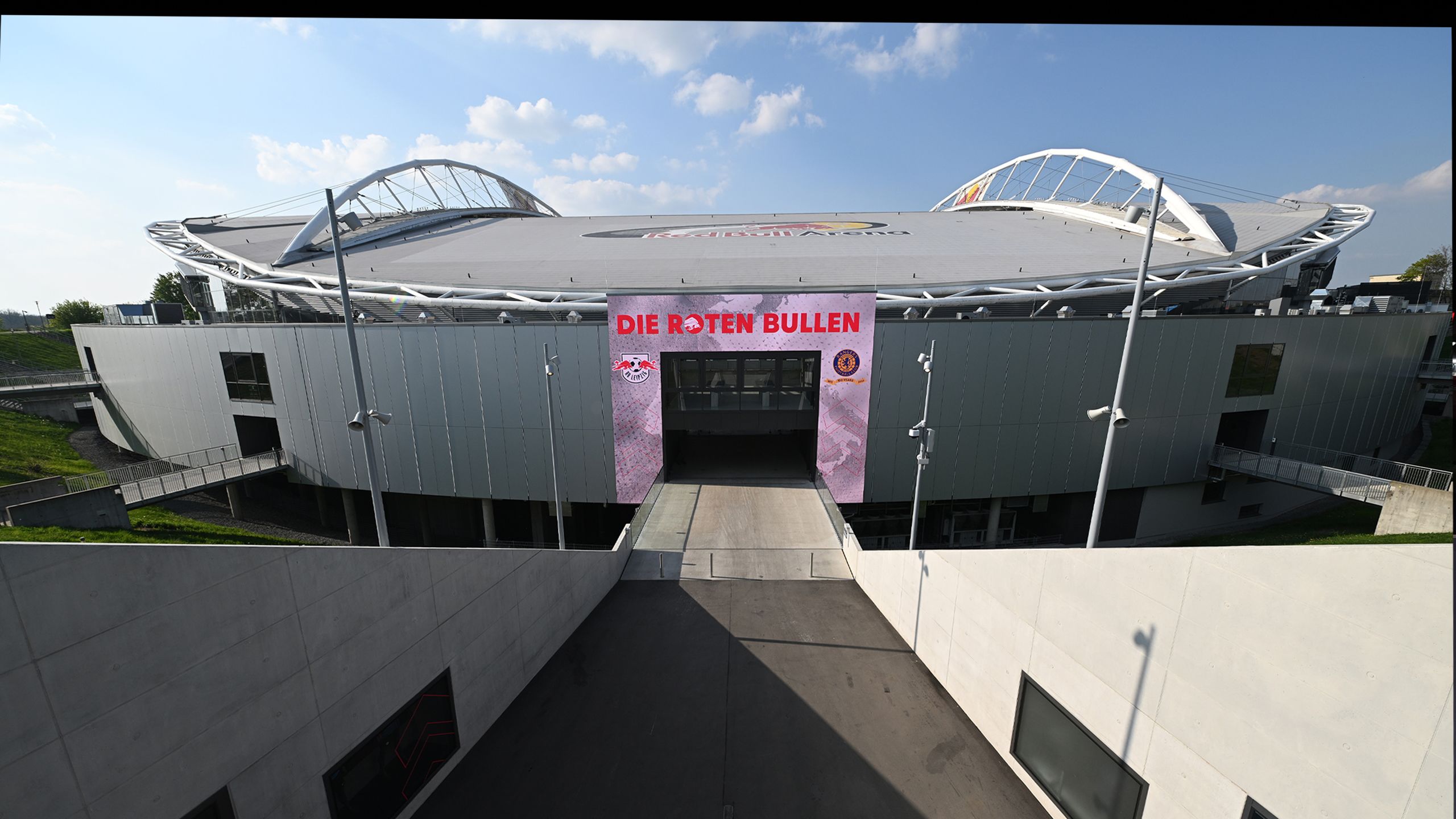 An exterior view of the stadium in Leipzig during the day