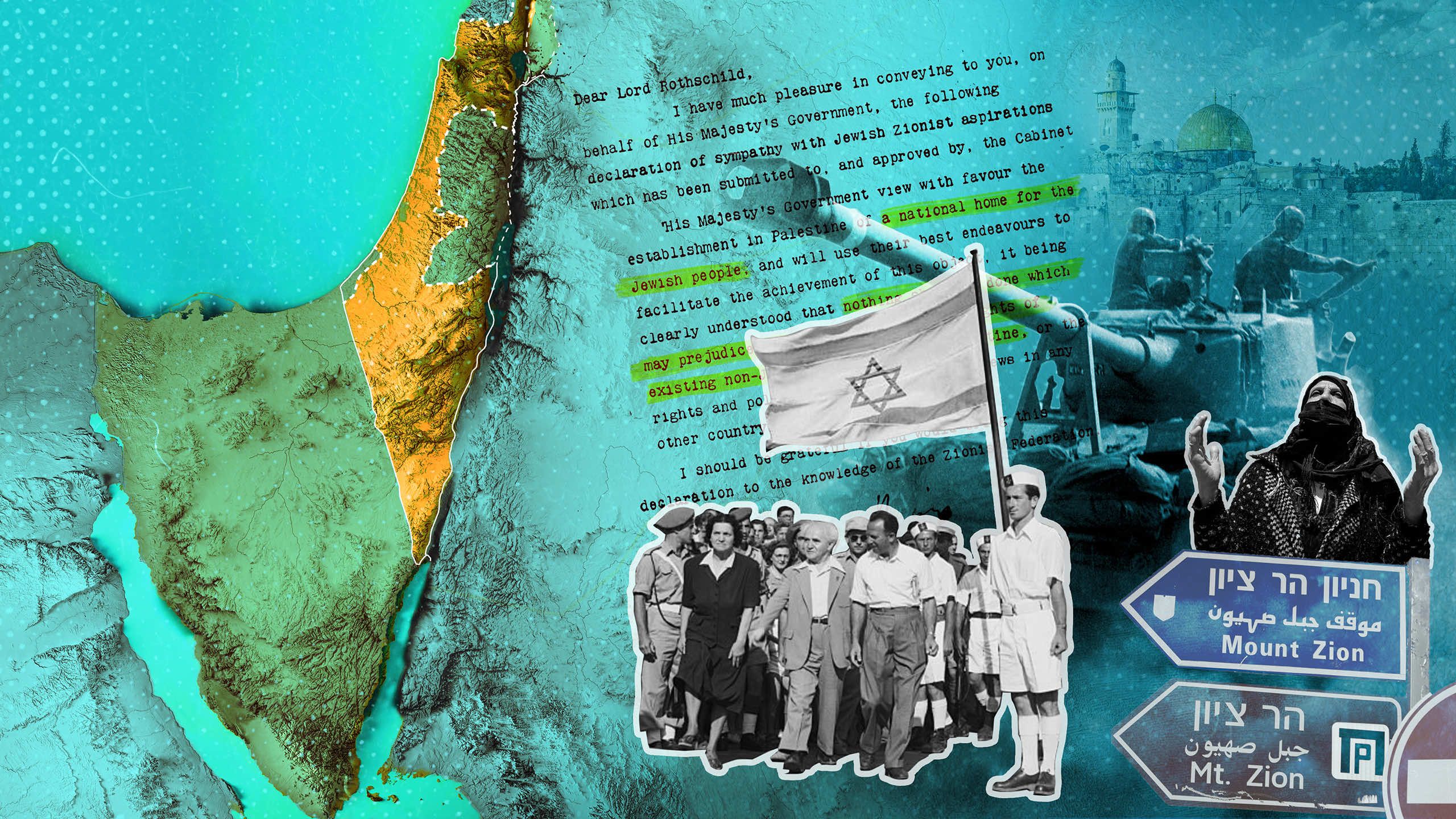 Montagem com mapa, tanque e foto de Ben Gurion como capa da reportagem
