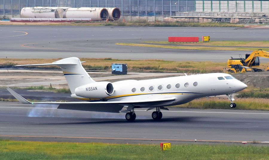 A Nissan owned Gulfstream G550 - Private jet (N155AN) is seen arriving at Haneda Airport on November 19, 2018 in Tokyo, Japan.