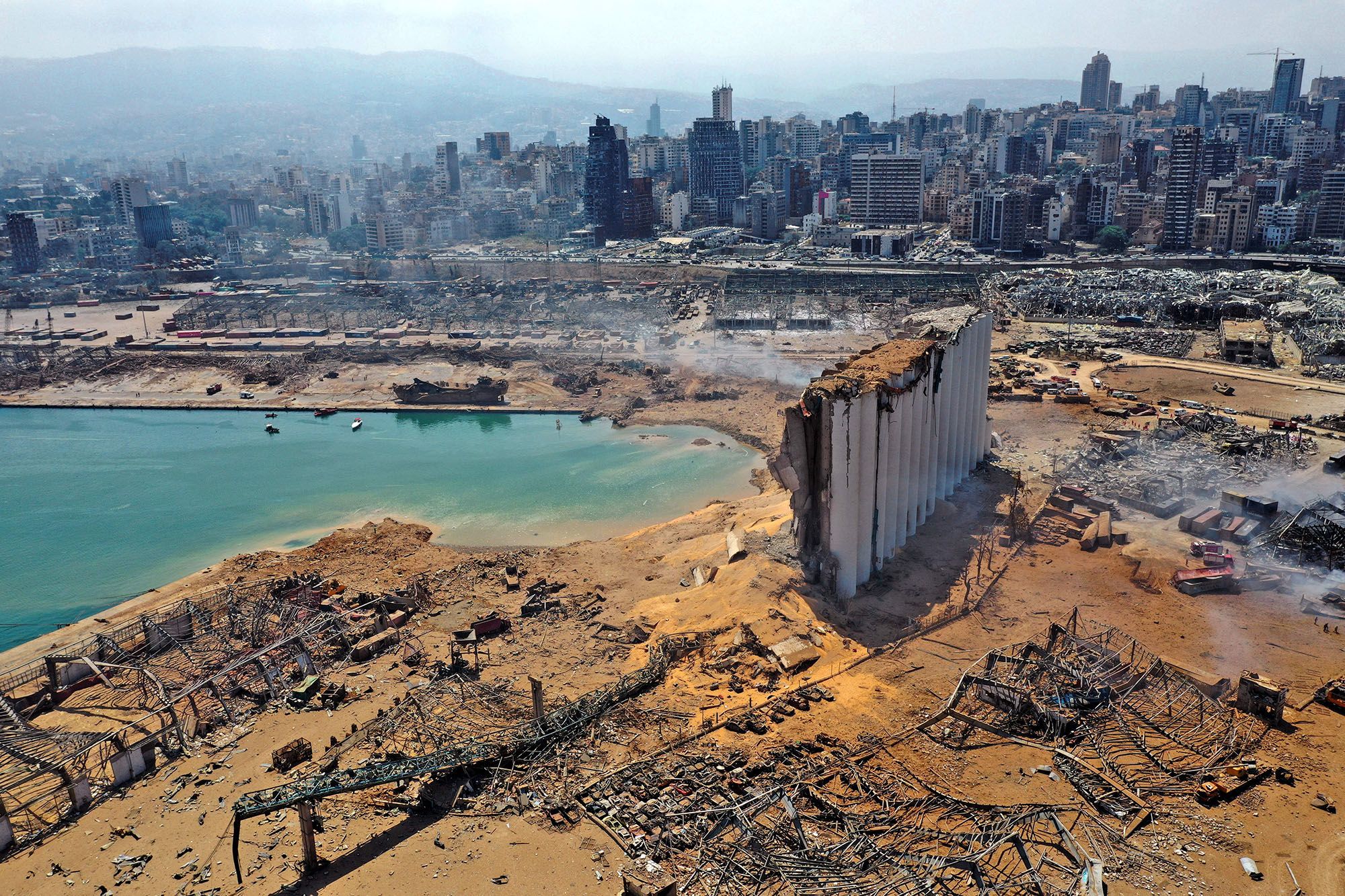 An aerial view shows the massive damage done to Beirut port's grain silos