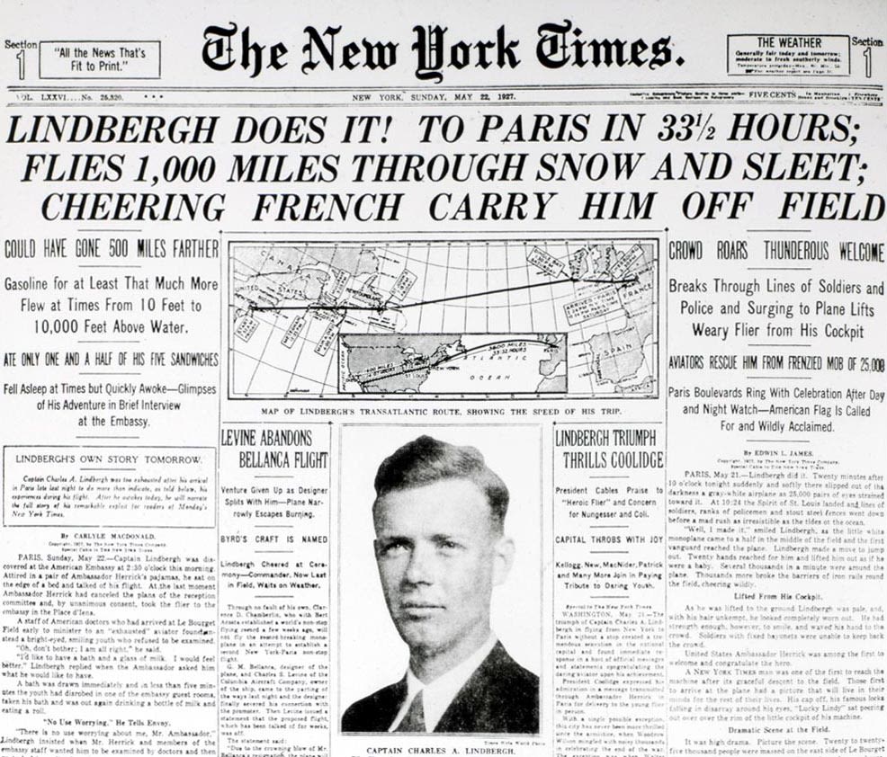 Lindbergh on cover of New York Times