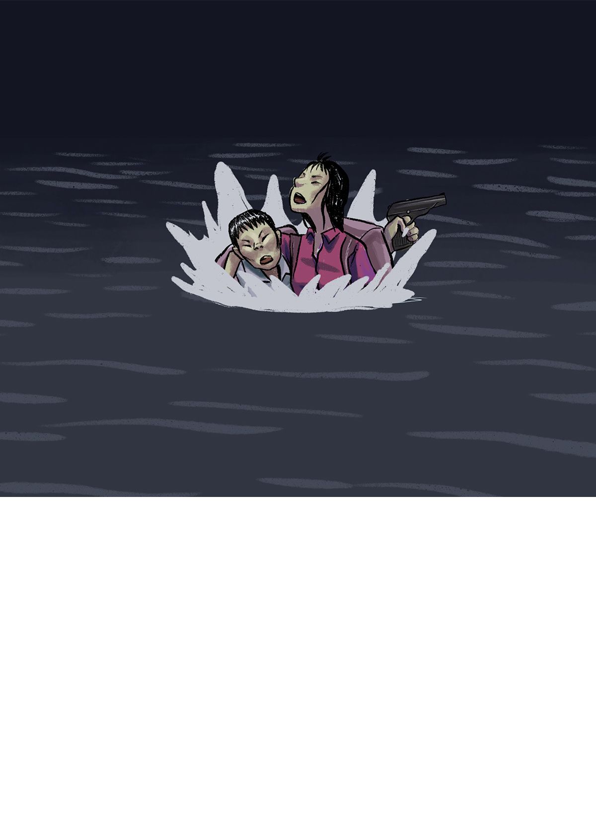 Illustration of Jeon and Kim both emerging from the water