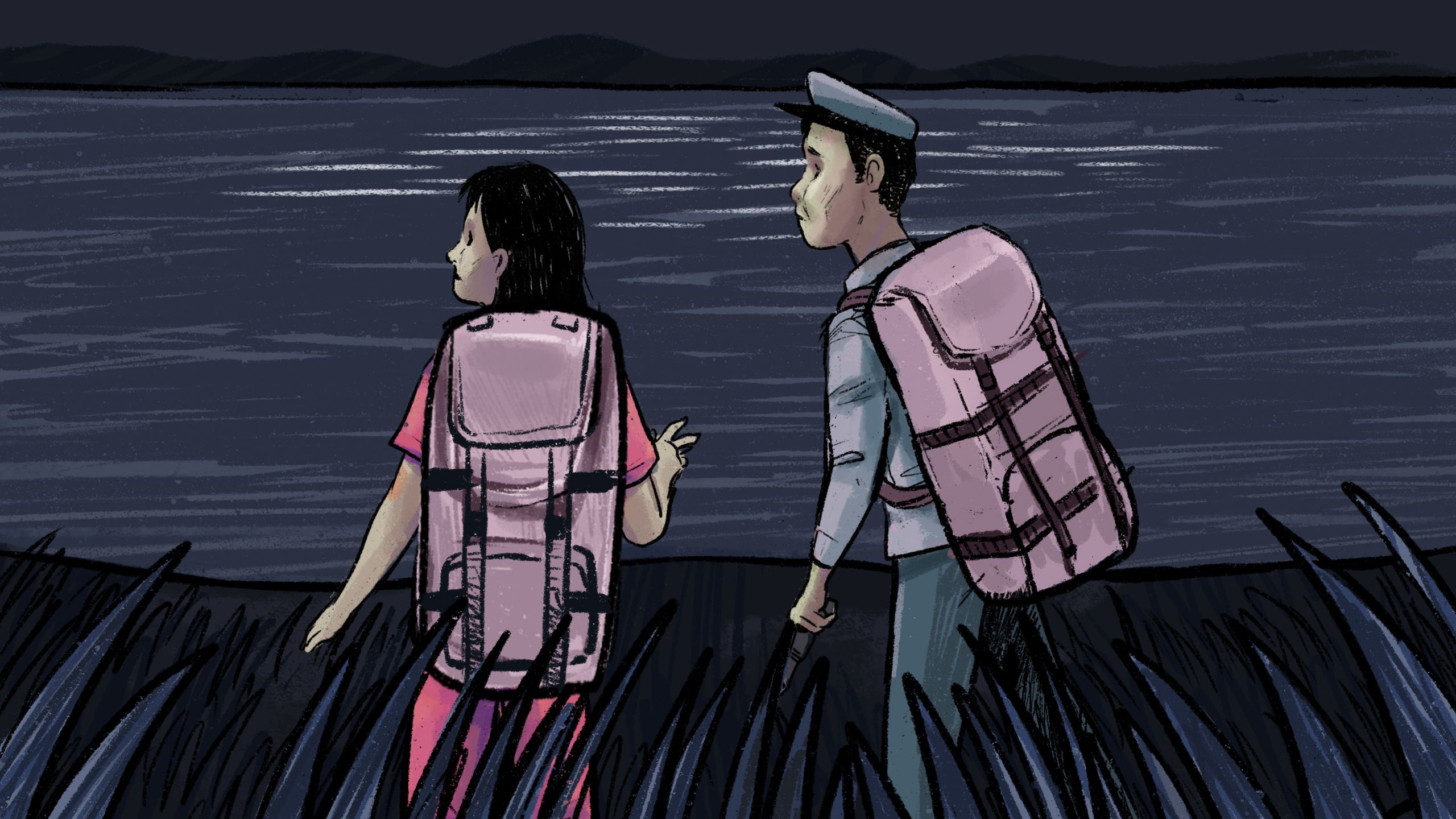 An illustration of Jeon and Kim at the bank of the River Tumen