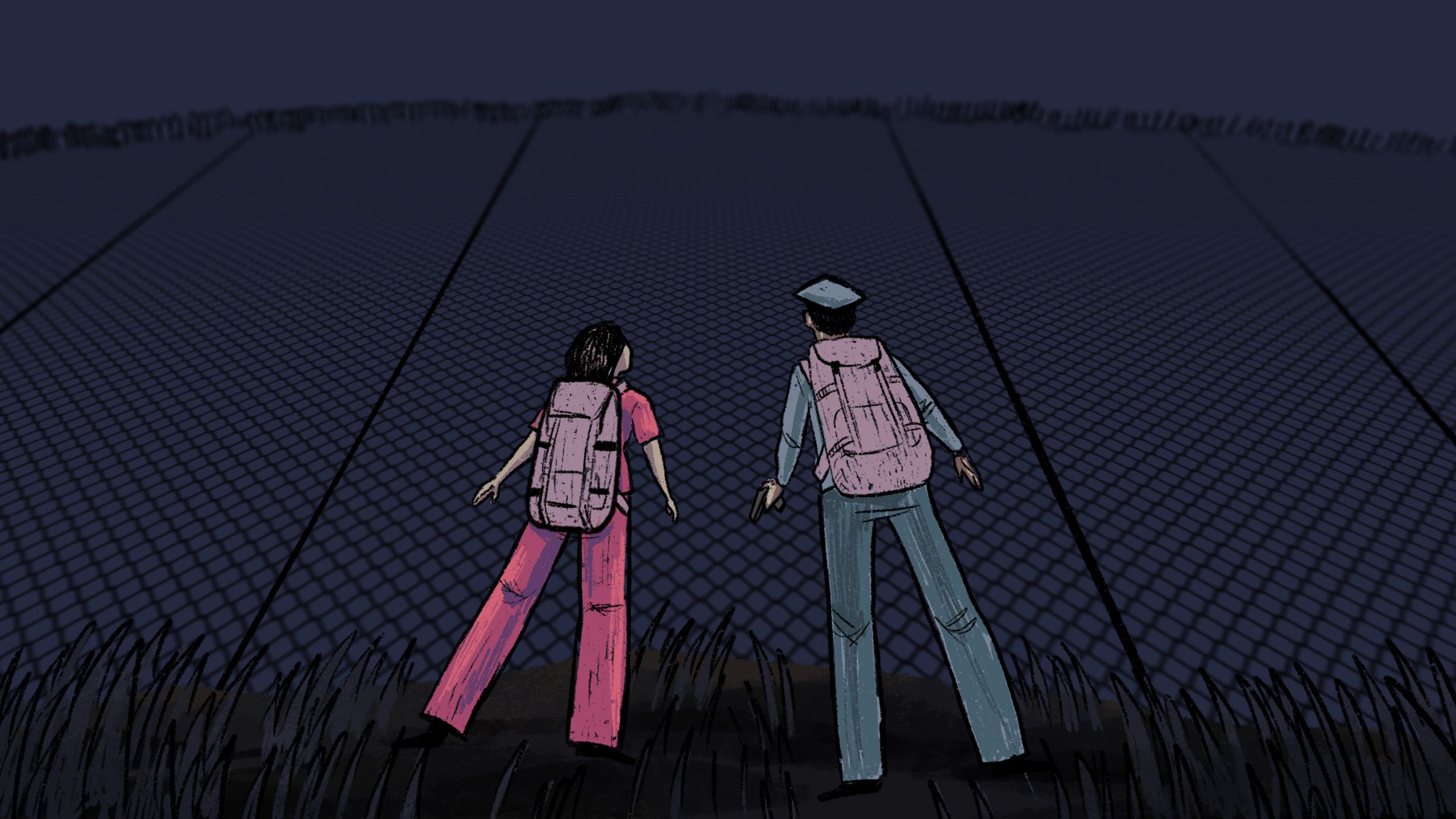 Jeon and Kim looking up at the detention centre fence