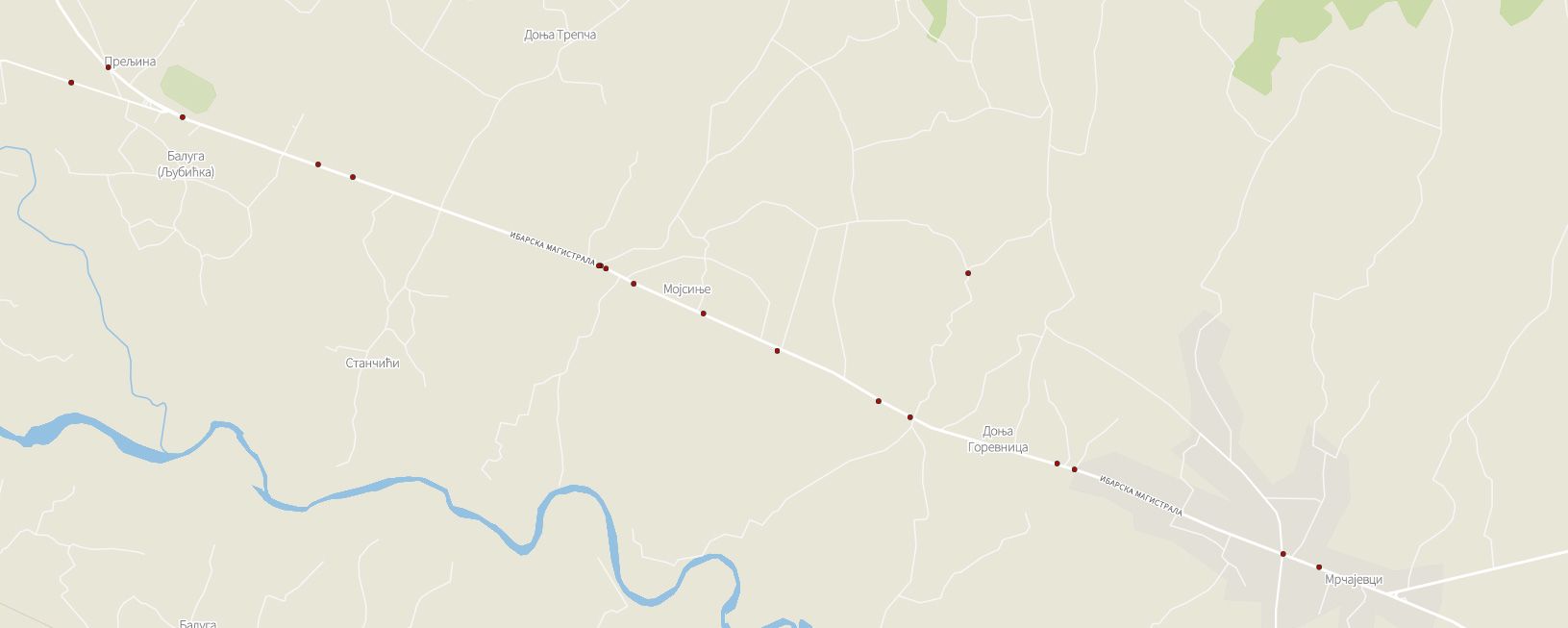 Mapa, zumirano je selo Mojsinje, kako se skroluje nestaju sve tačke osim crvenih. Ostaje 15 crvenih.