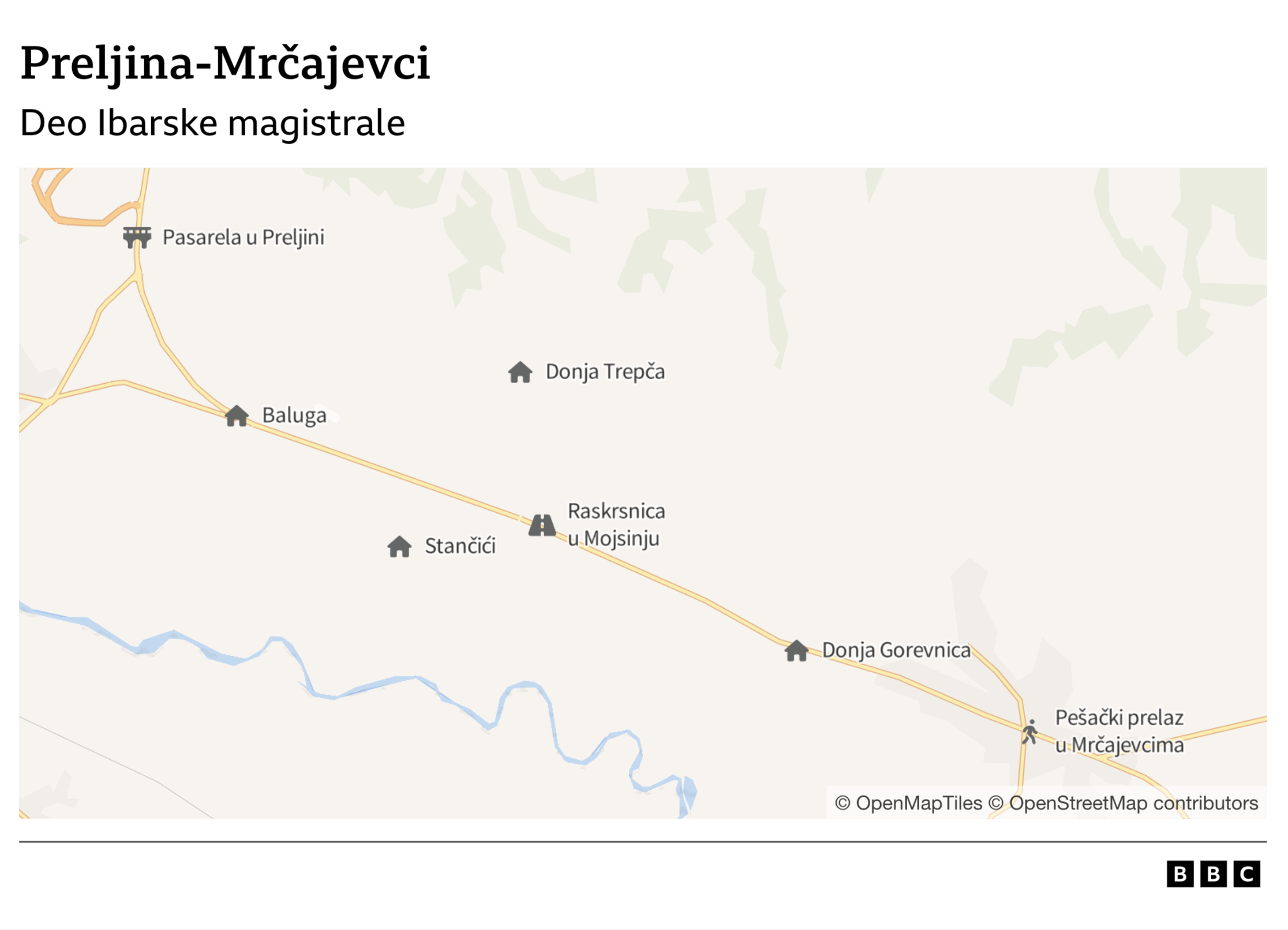 Na mapi Preljina-Mrčajevci, vidi se da od pasarele u Preljini do pešačkog prelaza u Mrčajevcima nema legalnog pešačkog prelaza. Skoro tačno u sredini je Mojsinje.